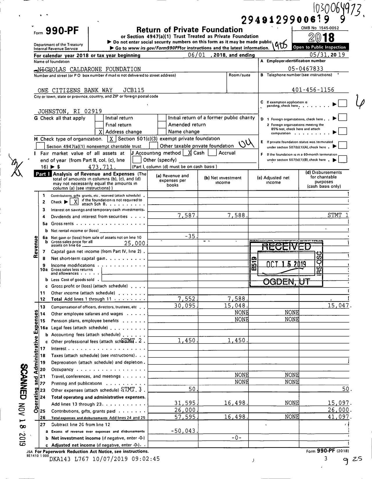 Image of first page of 2018 Form 990PF for Nicholas Caldarone Foundation