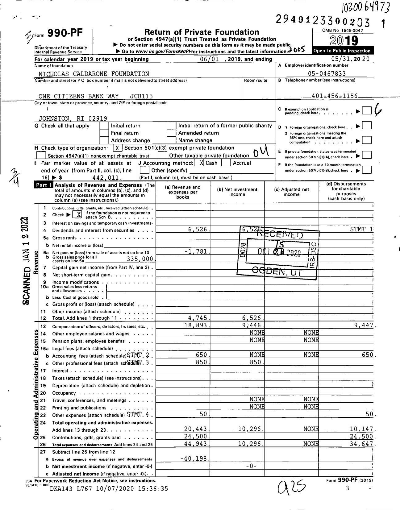 Image of first page of 2019 Form 990PF for Nicholas Caldarone Foundation
