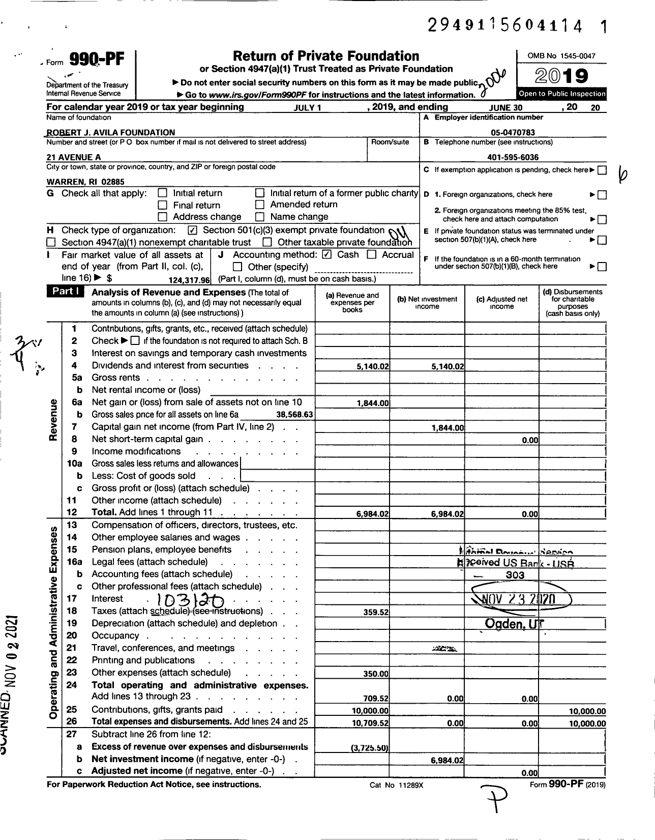 Image of first page of 2019 Form 990PF for Robert J Avila Foundation