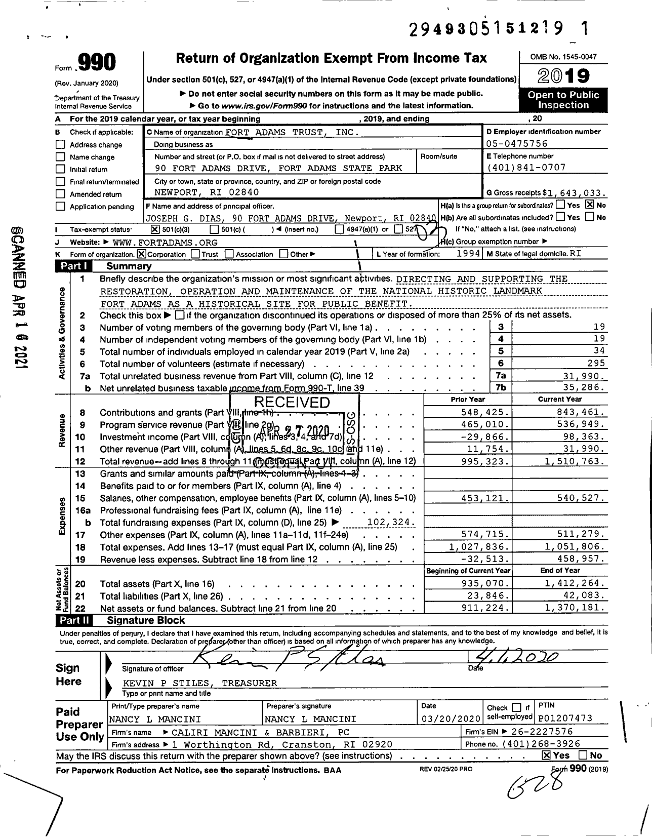 Image of first page of 2019 Form 990 for Fort Adams Trust