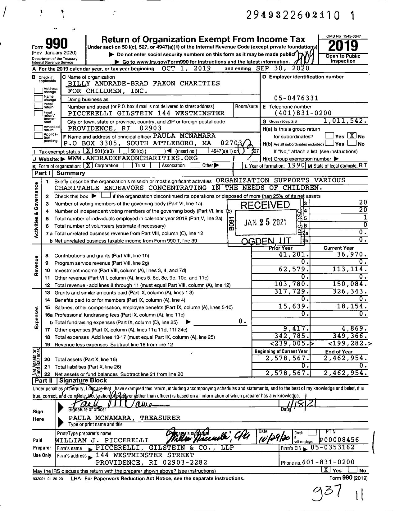 Image of first page of 2019 Form 990 for Billy Andrade-Brad Faxon Charities for Children