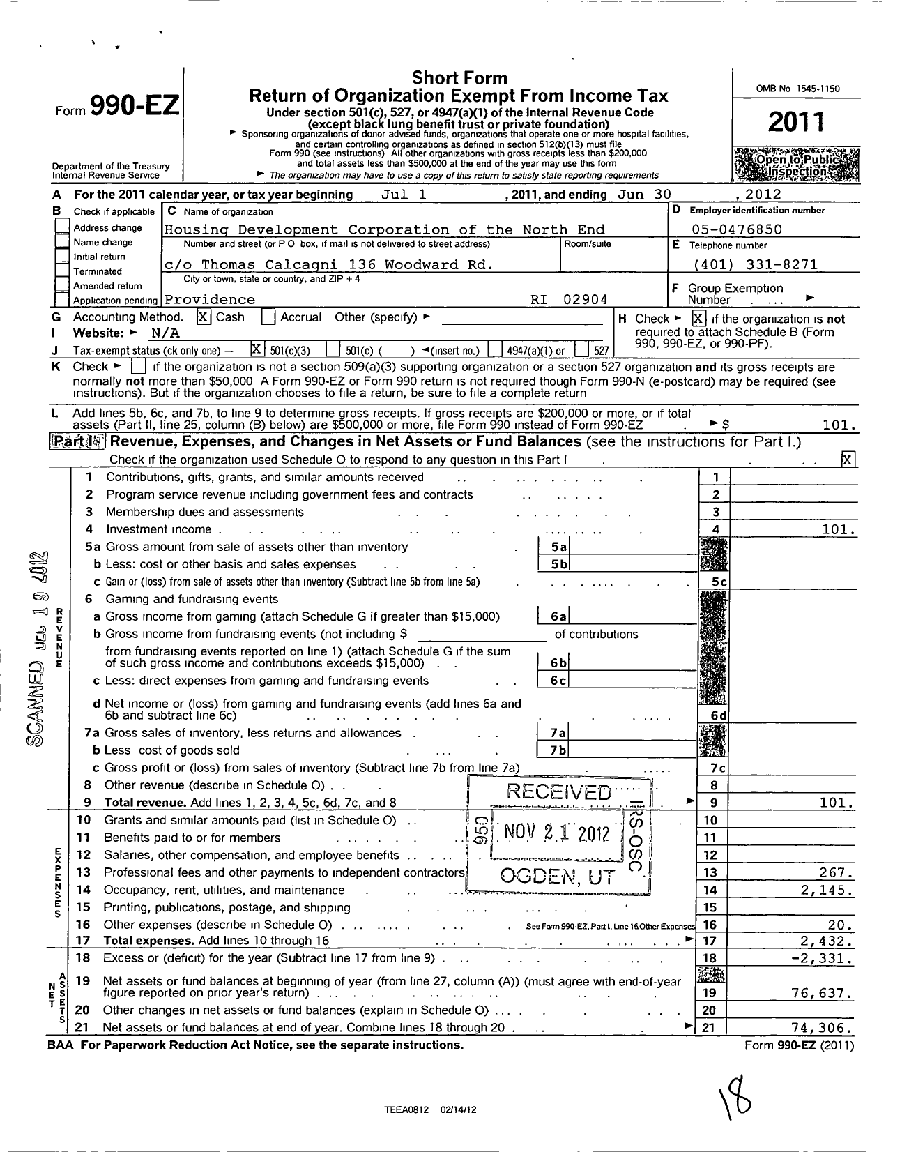 Image of first page of 2011 Form 990EZ for Housing Development Corporation of the North End