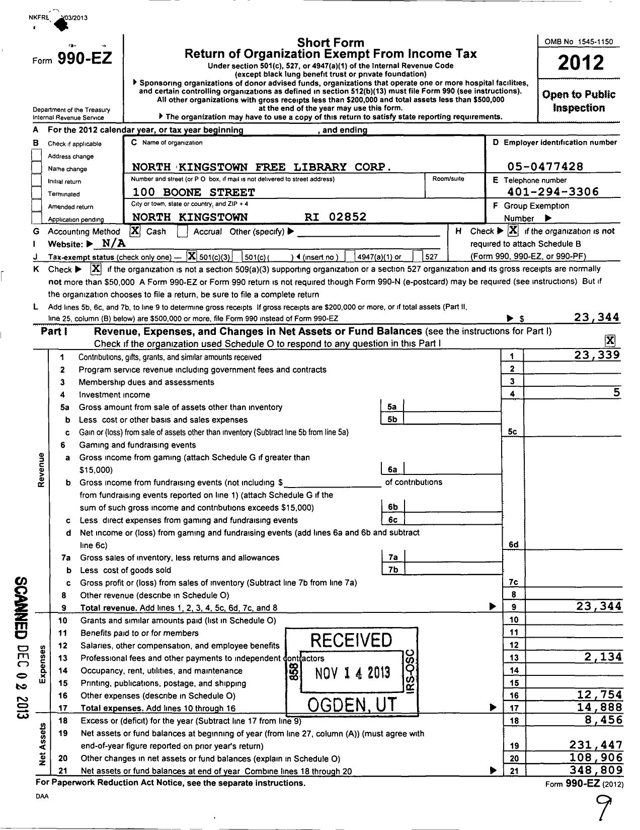 Image of first page of 2012 Form 990EZ for North Kingstown Free Library Corporation