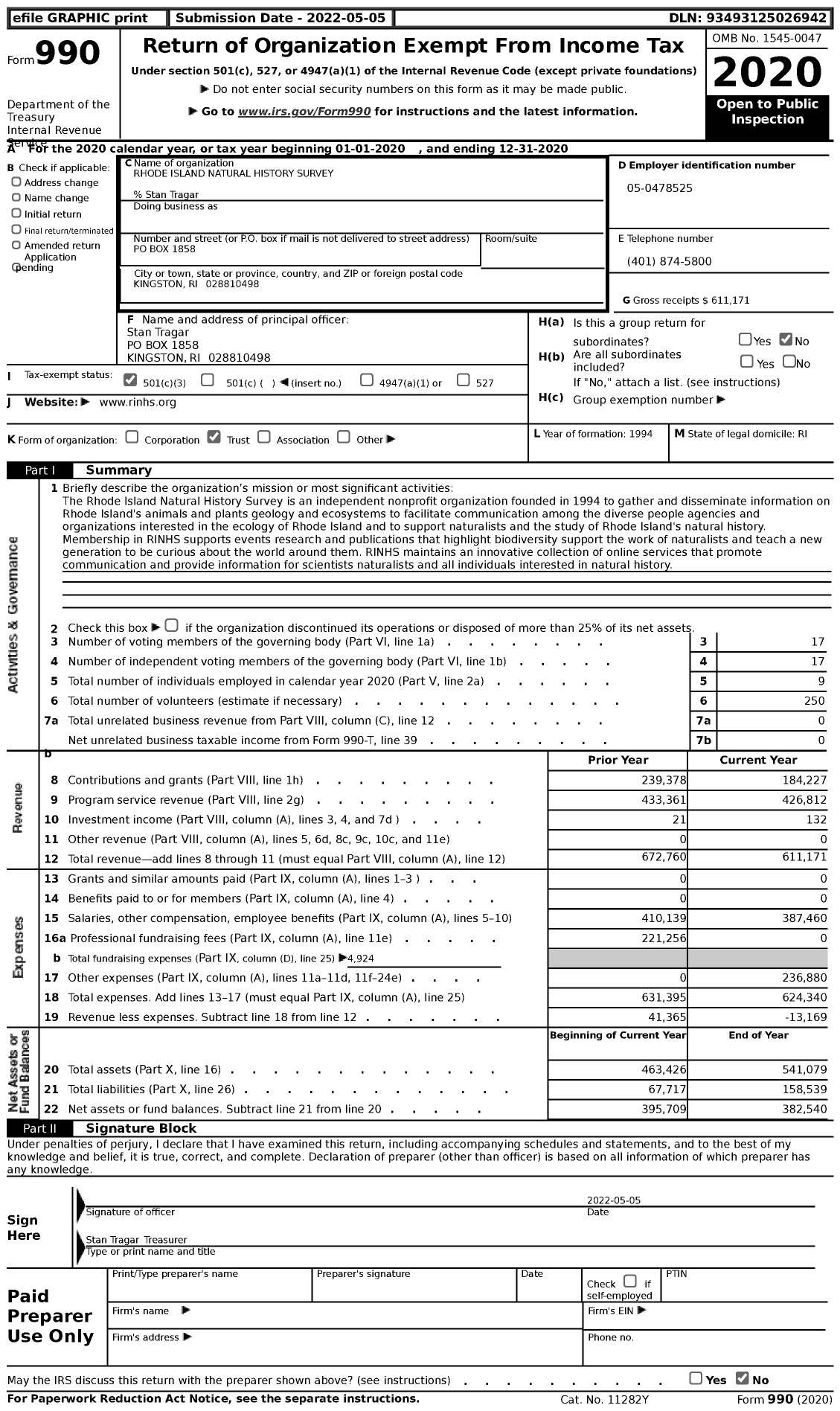 Image of first page of 2020 Form 990 for Rhode Island Natural History Survey