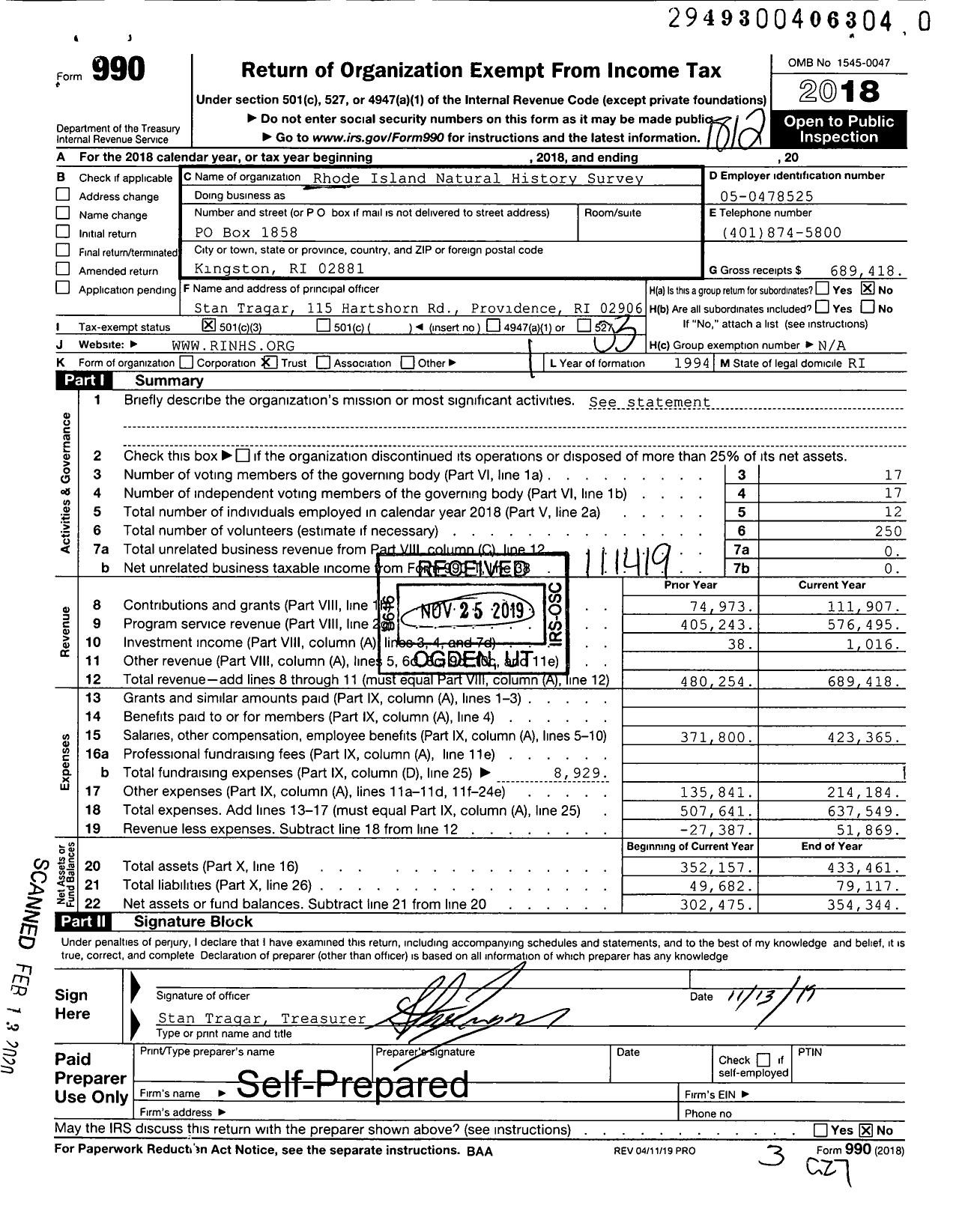 Image of first page of 2018 Form 990 for Rhode Island Natural History Survey