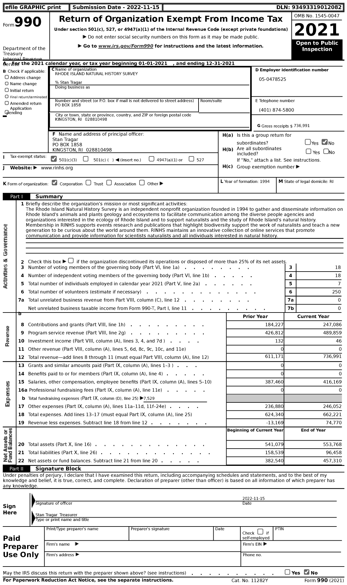 Image of first page of 2021 Form 990 for Rhode Island Natural History Survey