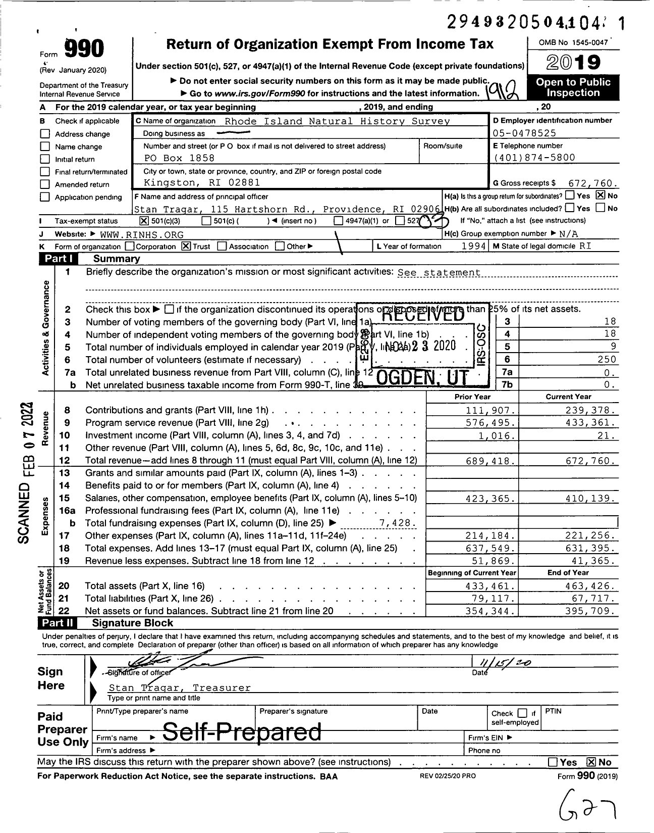 Image of first page of 2019 Form 990 for Rhode Island Natural History Survey