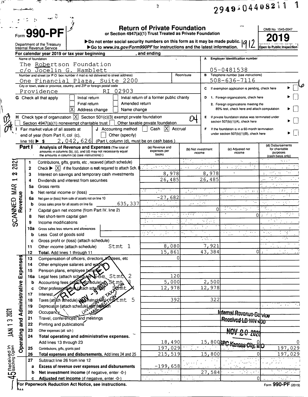 Image of first page of 2019 Form 990PF for The Robertson Foundation