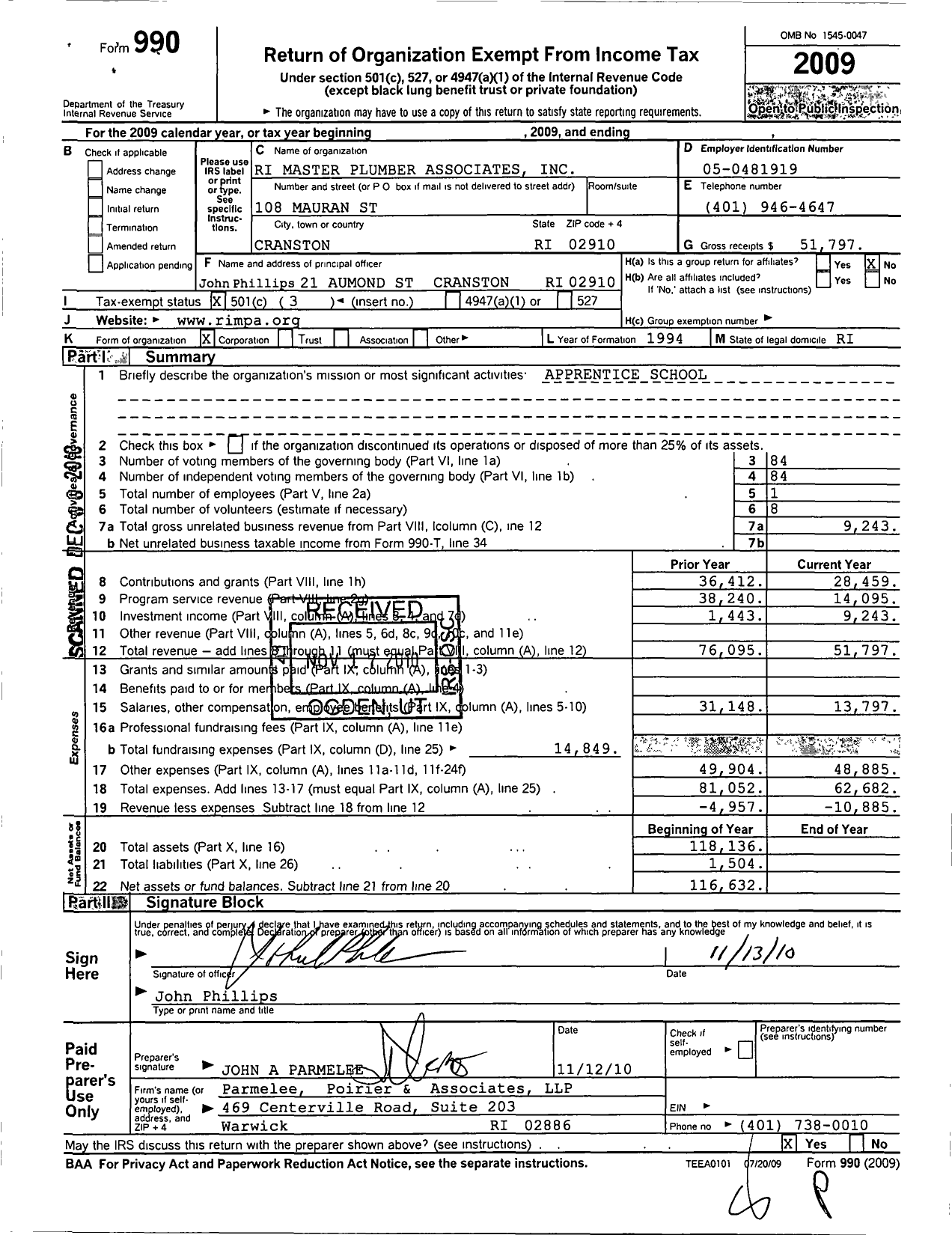 Image of first page of 2009 Form 990 for Rhode Island Master Plumbers Association