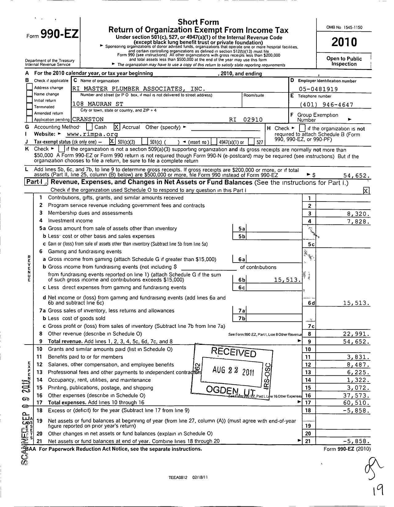 Image of first page of 2010 Form 990EZ for Rhode Island Master Plumbers Association