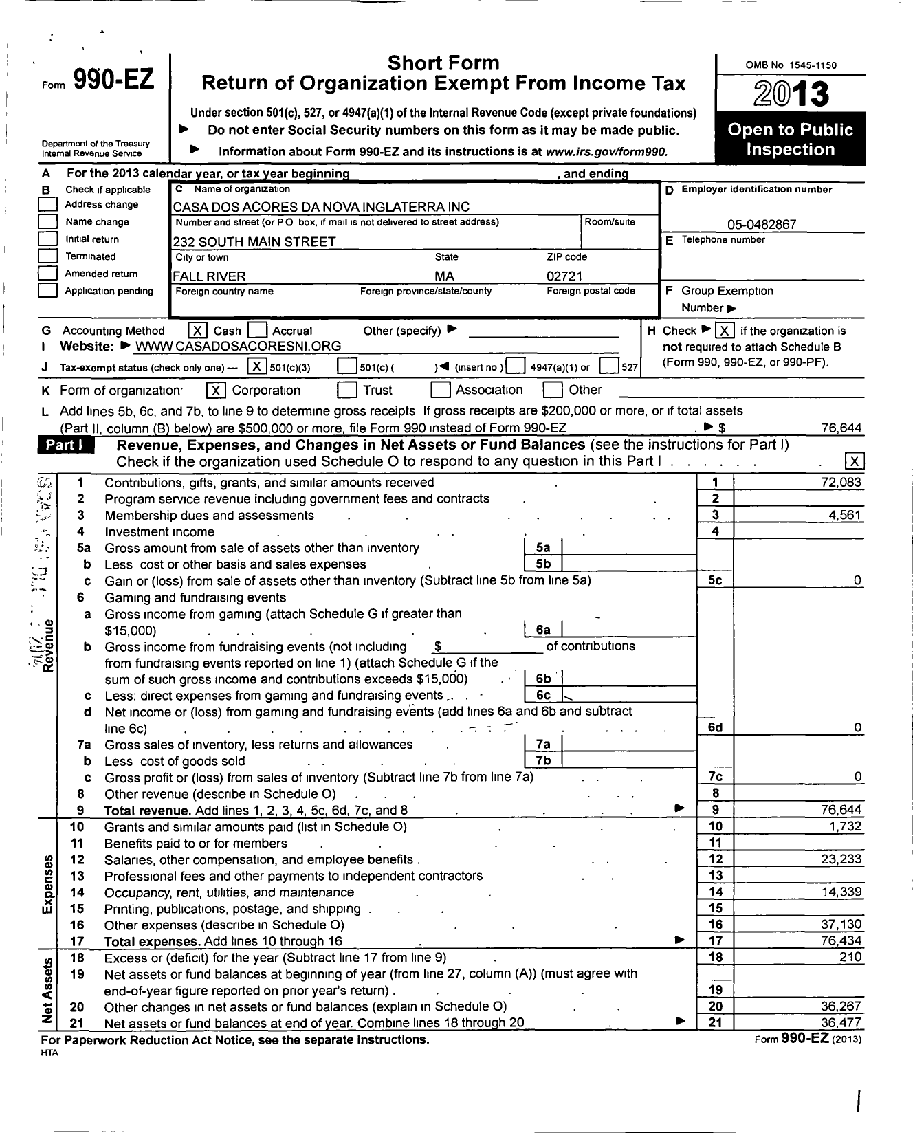 Image of first page of 2013 Form 990EZ for Casa Dos Acores Da Nova Inglaterra