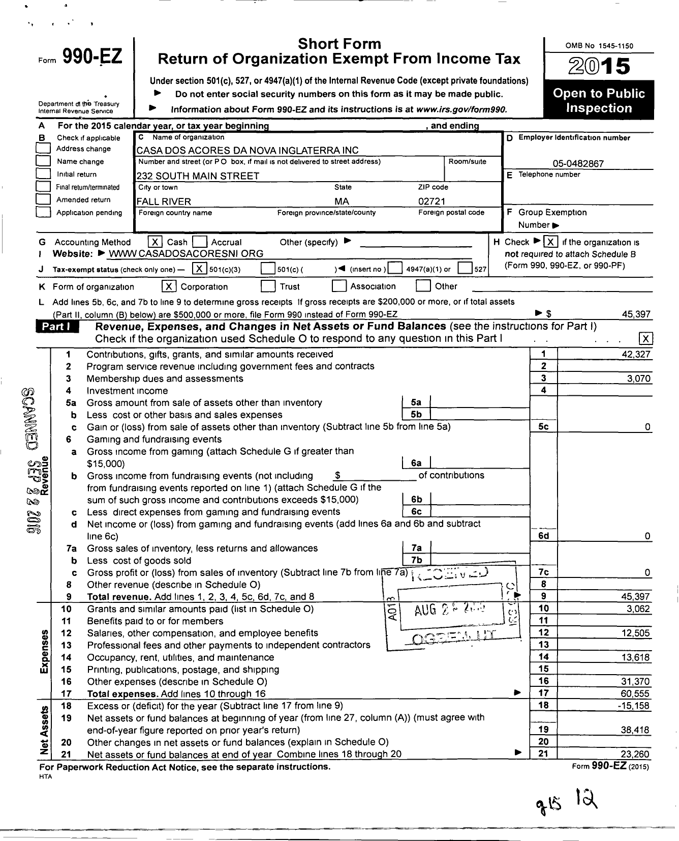 Image of first page of 2015 Form 990EZ for Casa Dos Acores Da Nova Inglaterra