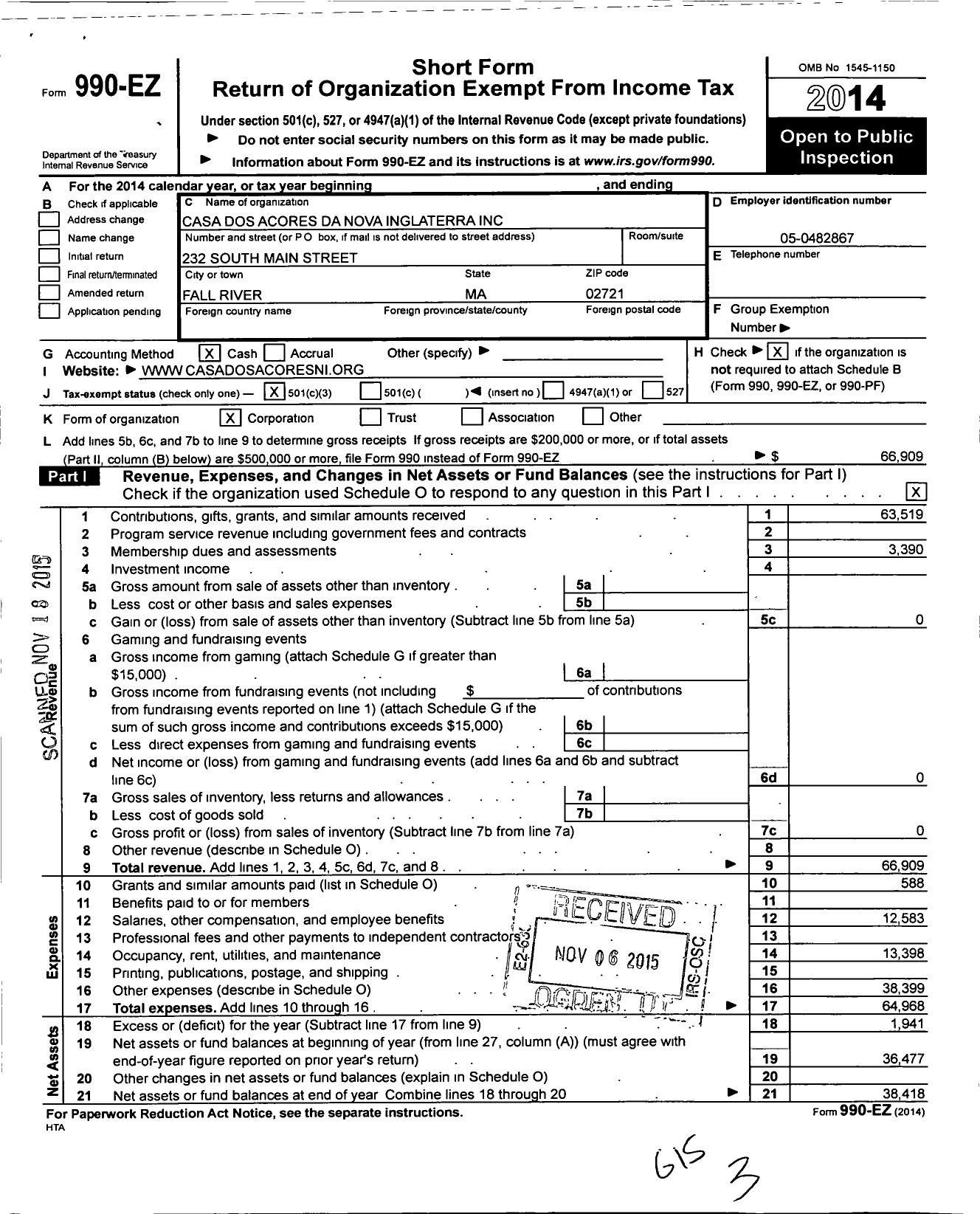 Image of first page of 2014 Form 990EZ for Casa Dos Acores Da Nova Inglaterra