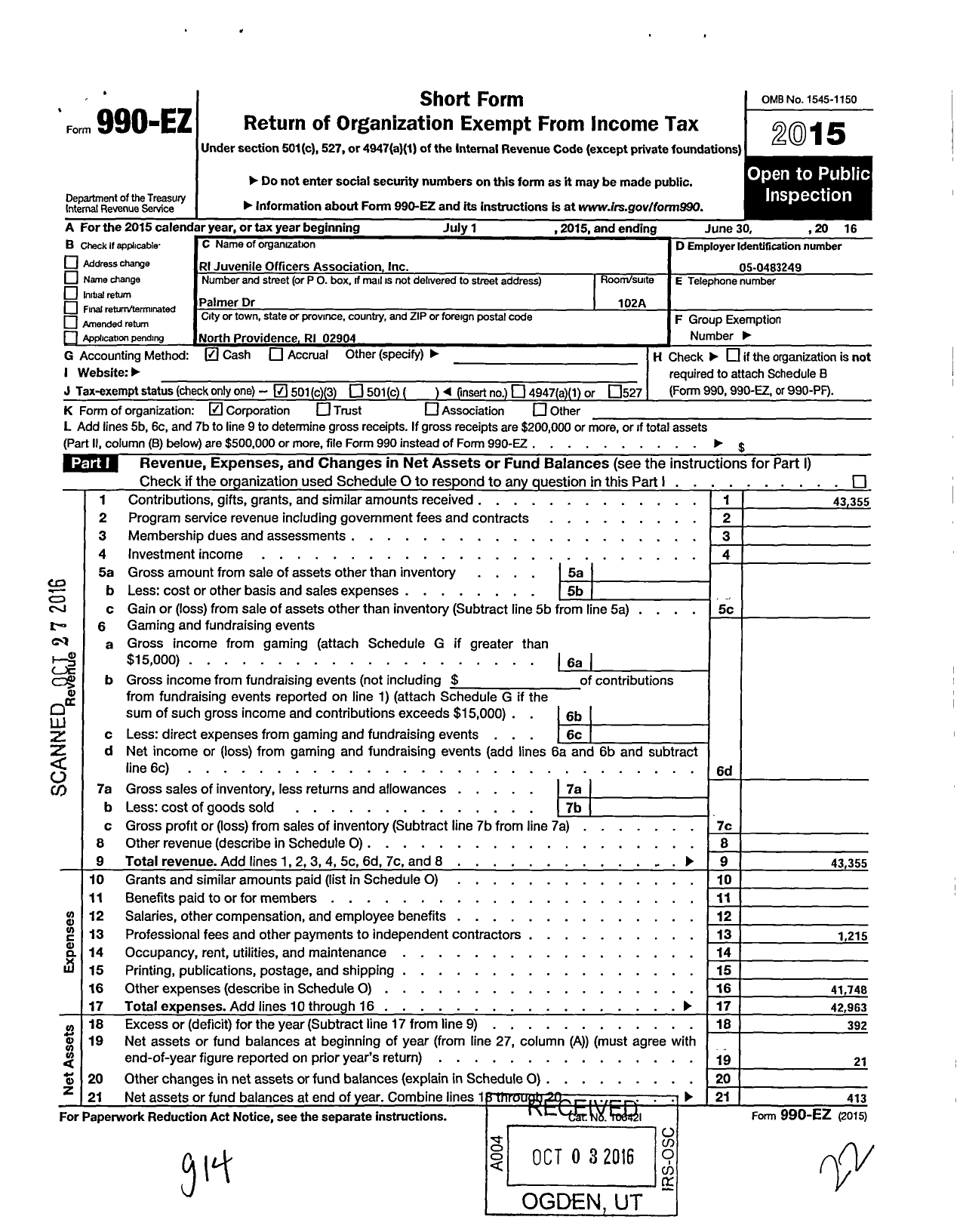 Image of first page of 2015 Form 990EZ for Ri Juvenile Officers Association (RIJOA)