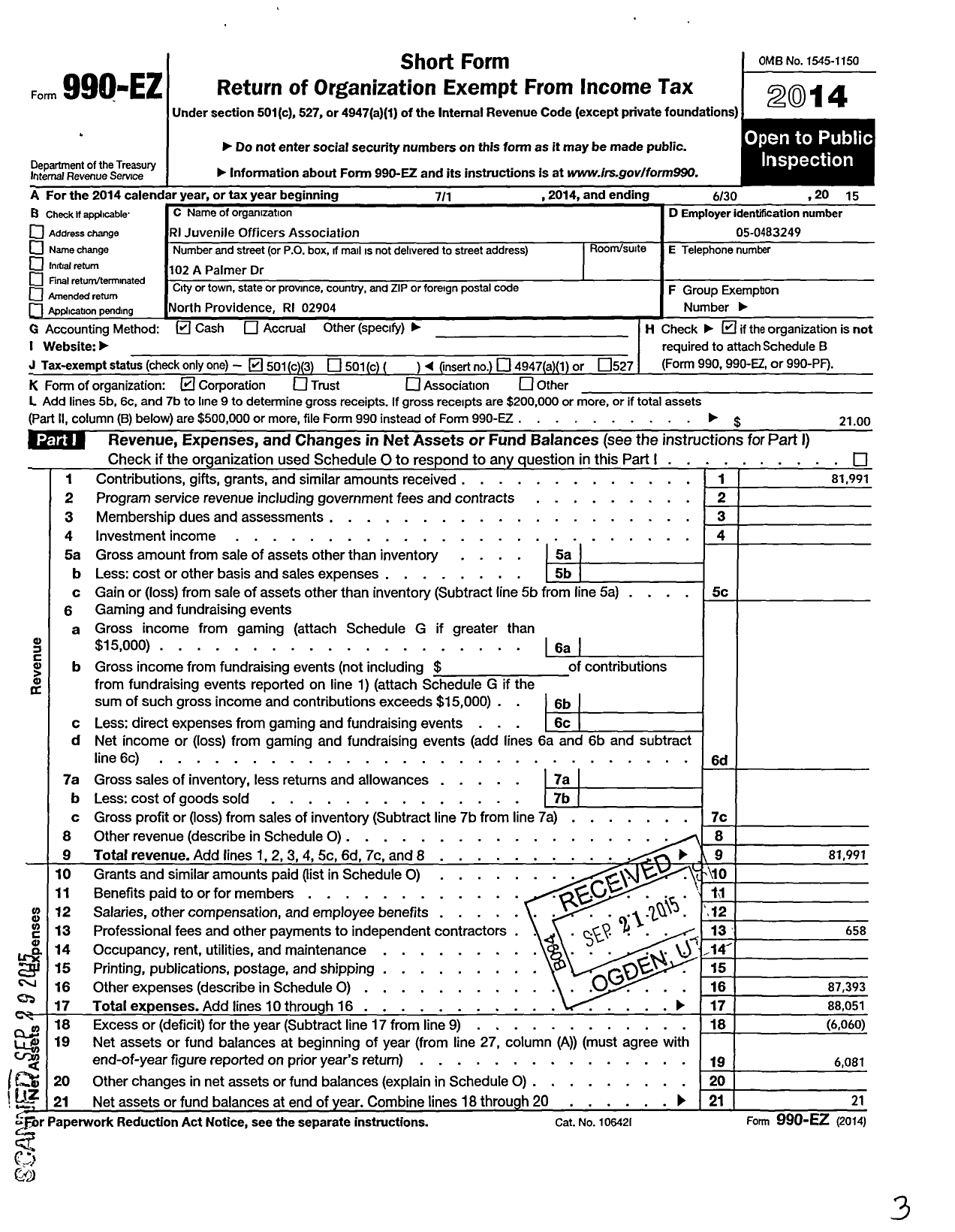 Image of first page of 2014 Form 990EZ for Ri Juvenile Officers Association (RIJOA)