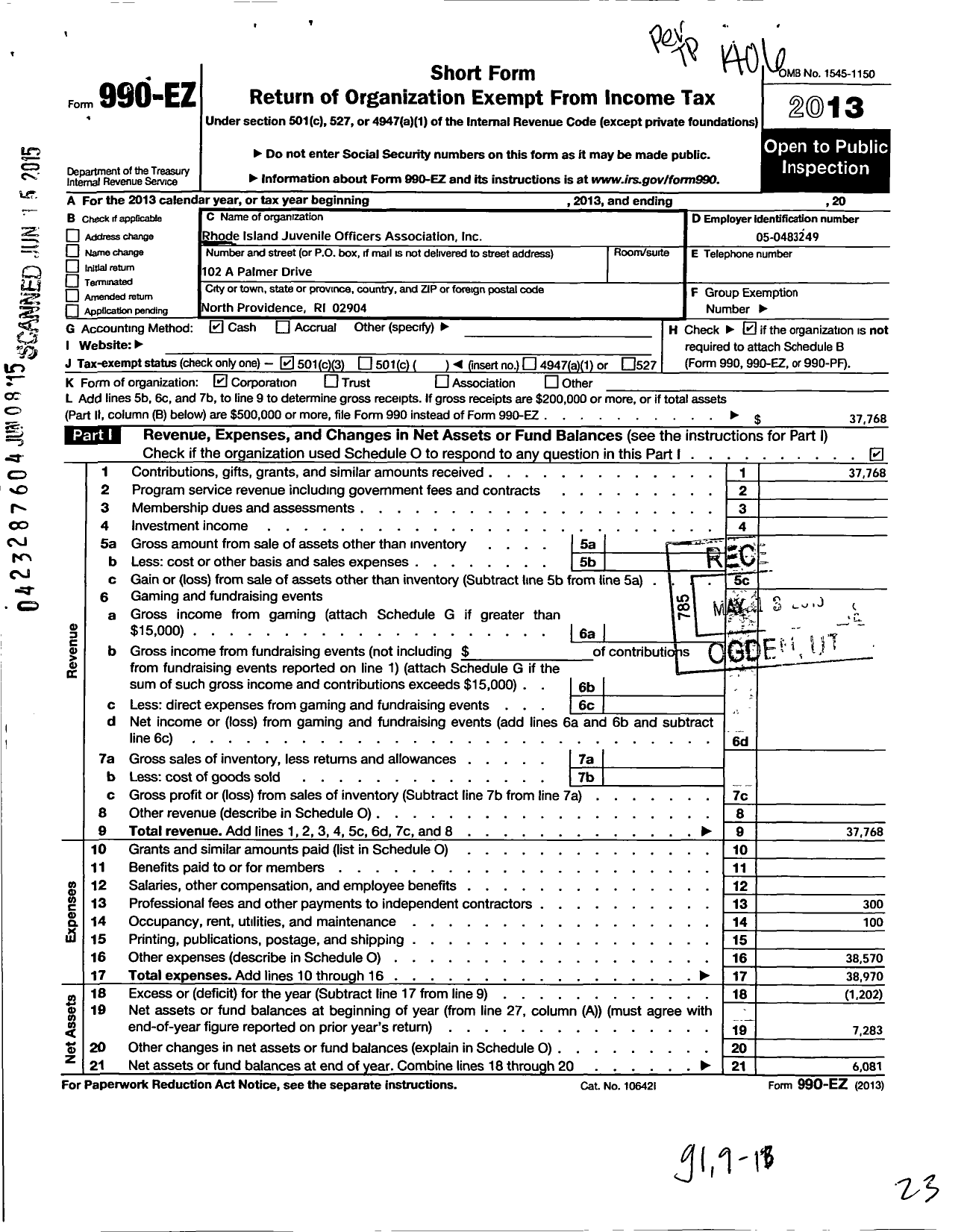 Image of first page of 2013 Form 990EZ for Ri Juvenile Officers Association (RIJOA)