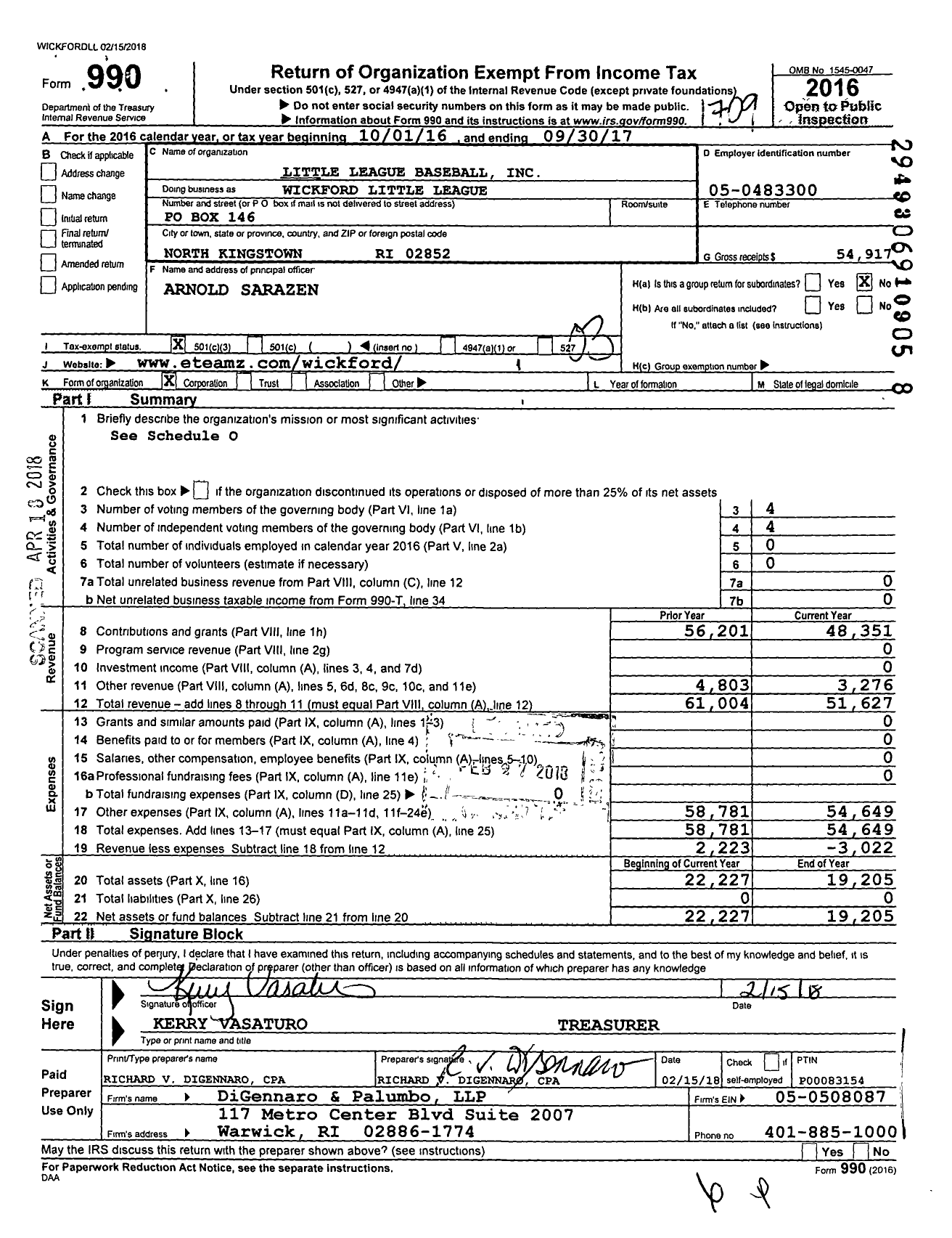 Image of first page of 2016 Form 990 for Little League Baseball / Wickford Little League