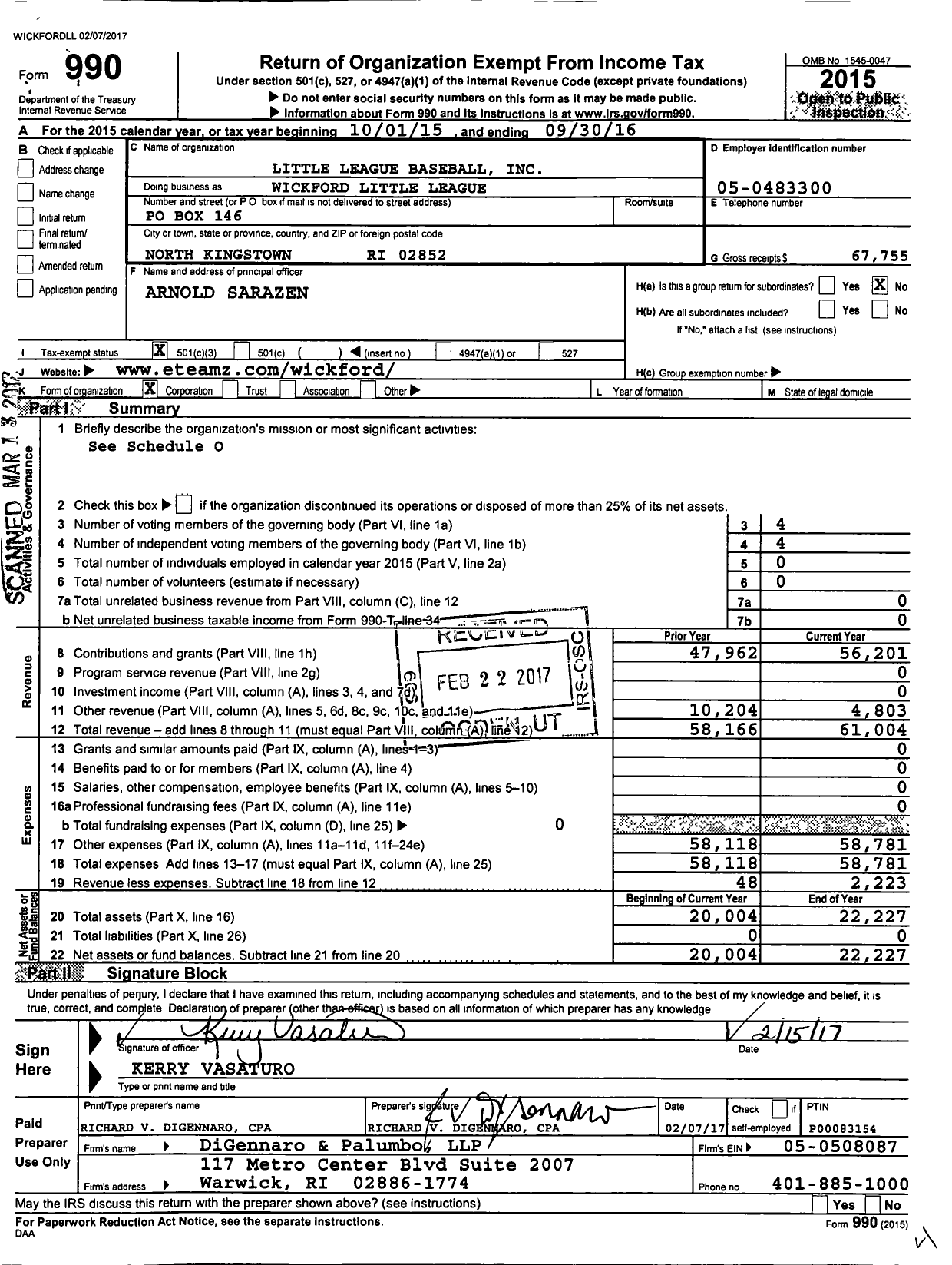 Image of first page of 2015 Form 990 for Little League Baseball / Wickford Little League