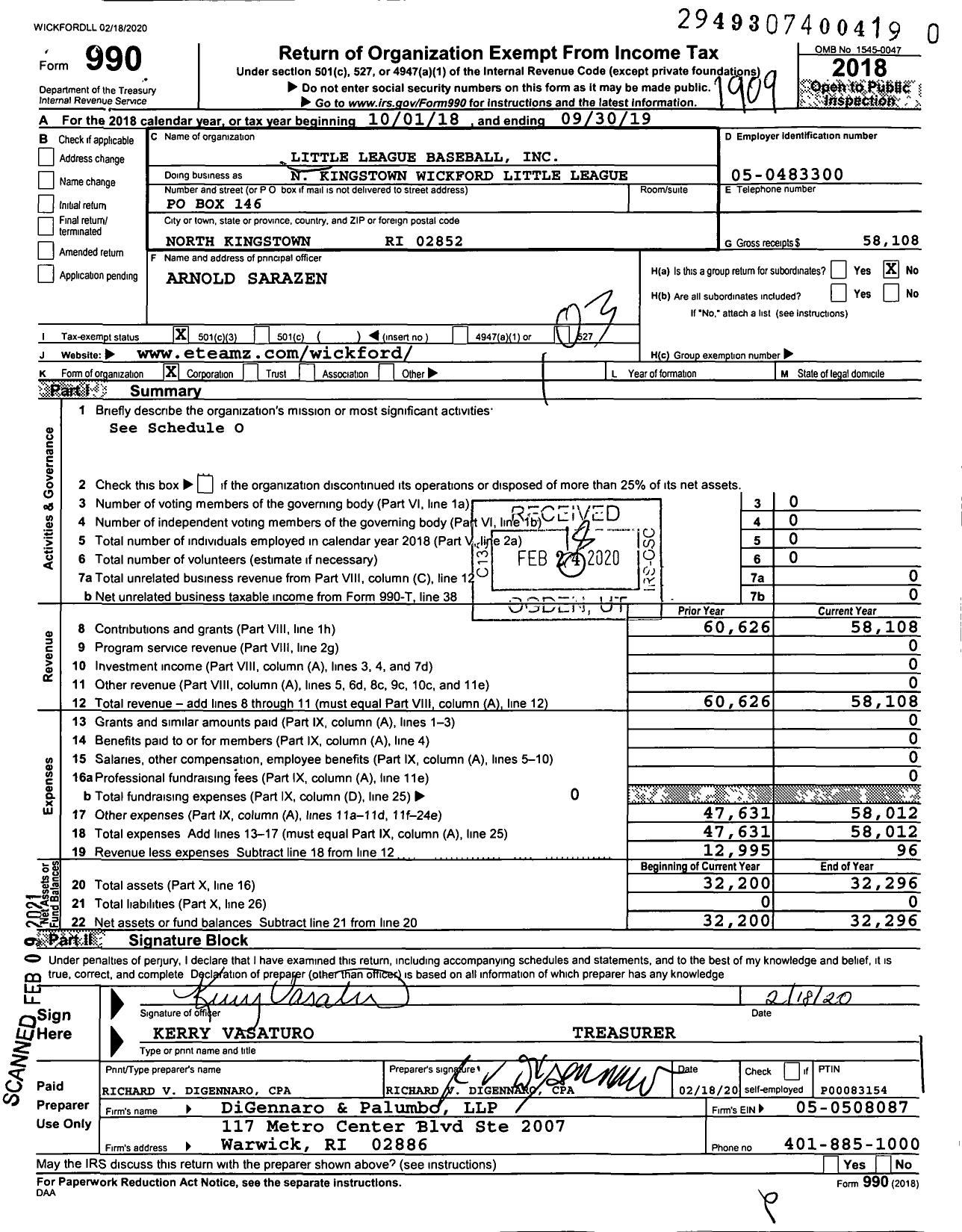 Image of first page of 2018 Form 990 for Little League Baseball / Wickford Little League