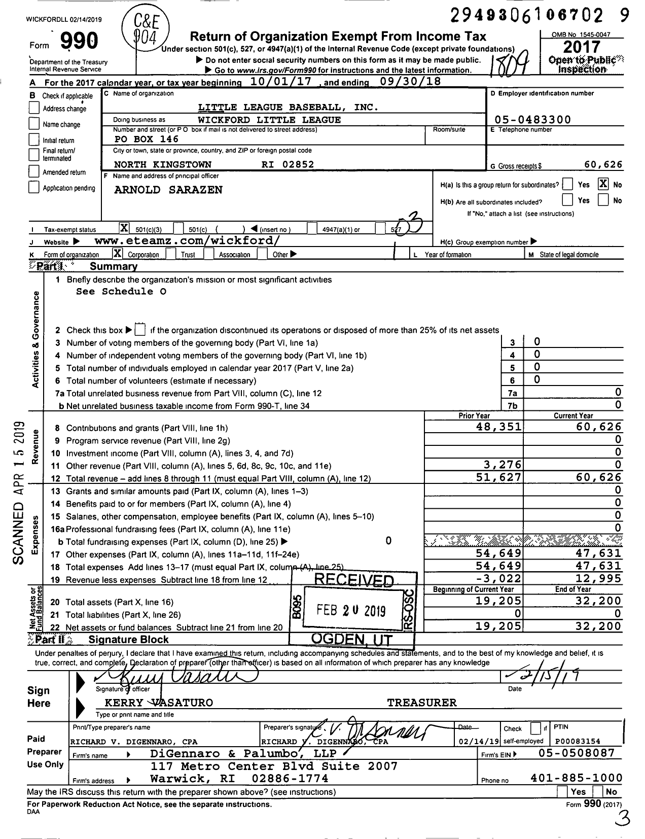 Image of first page of 2017 Form 990 for Little League Baseball / Wickford Little League