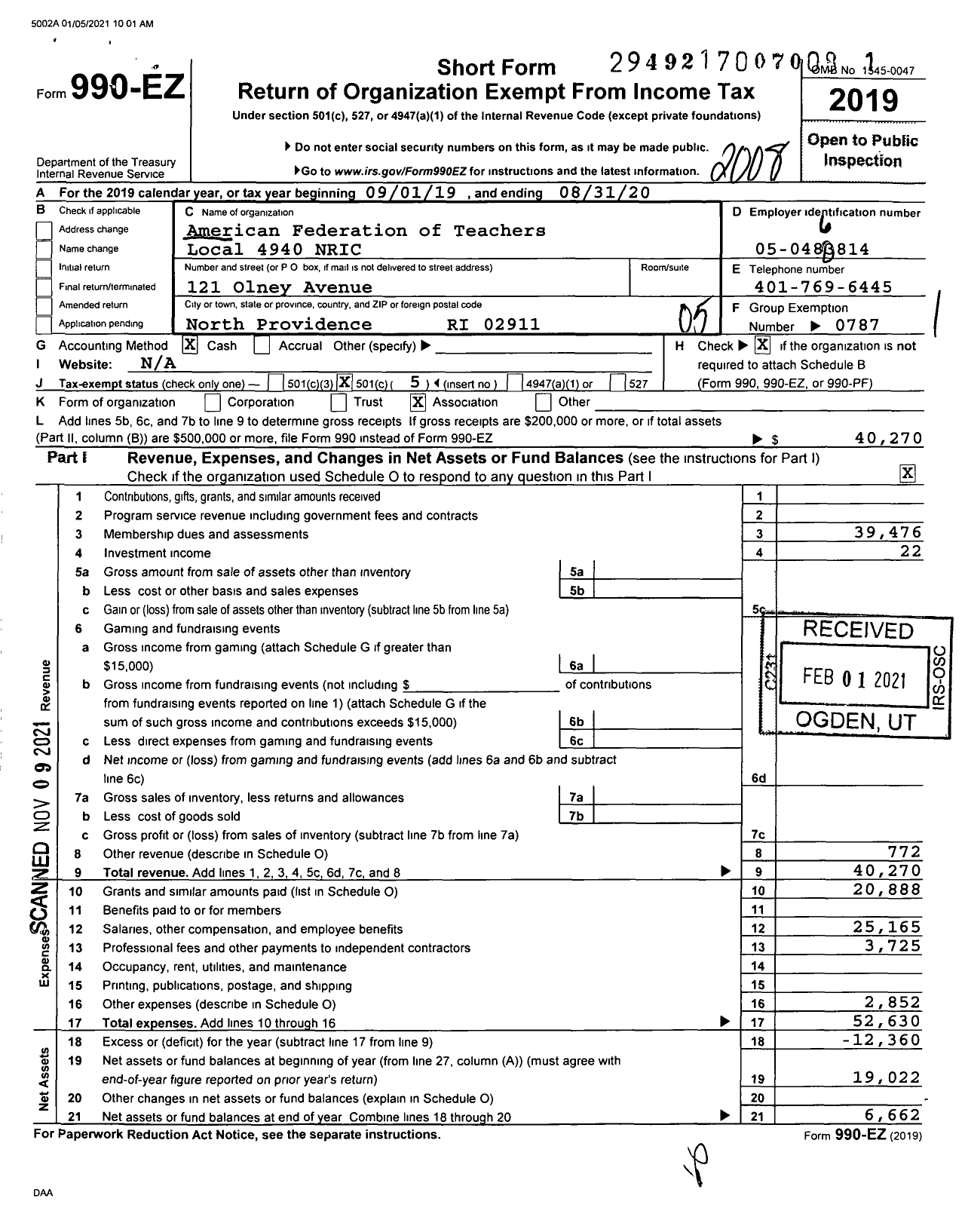 Image of first page of 2019 Form 990EO for American Federation of Teachers - 4940 Northern Ri Collaborative Empl