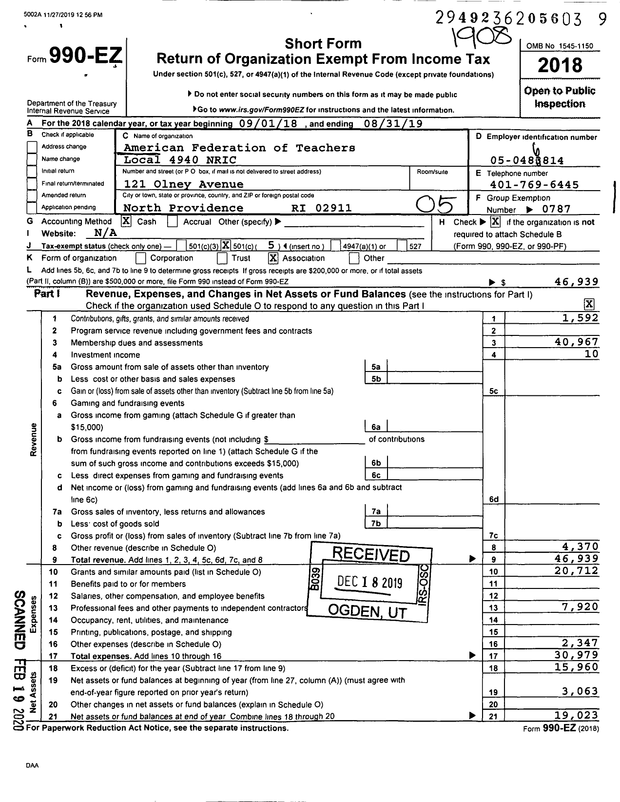 Image of first page of 2018 Form 990EO for American Federation of Teachers - 4940 Northern Ri Collaborative Empl