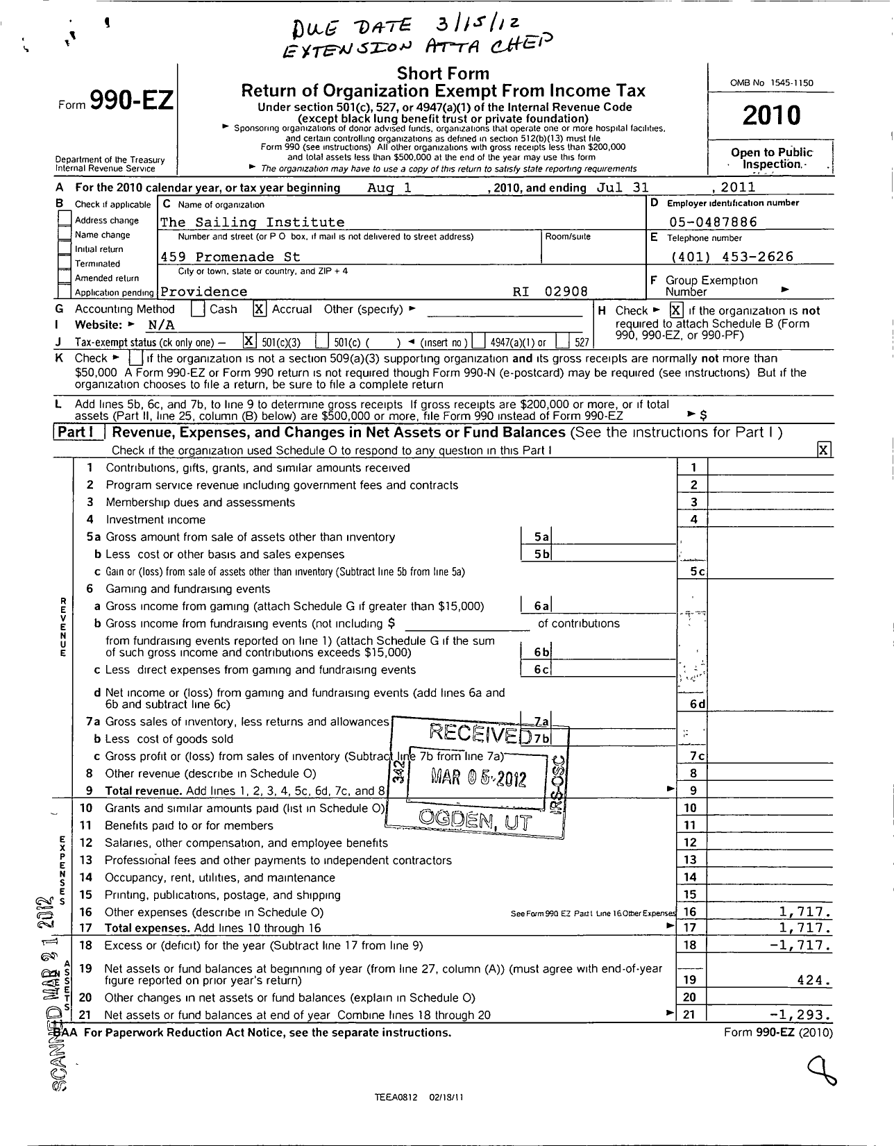 Image of first page of 2010 Form 990EZ for The Sailing Institute