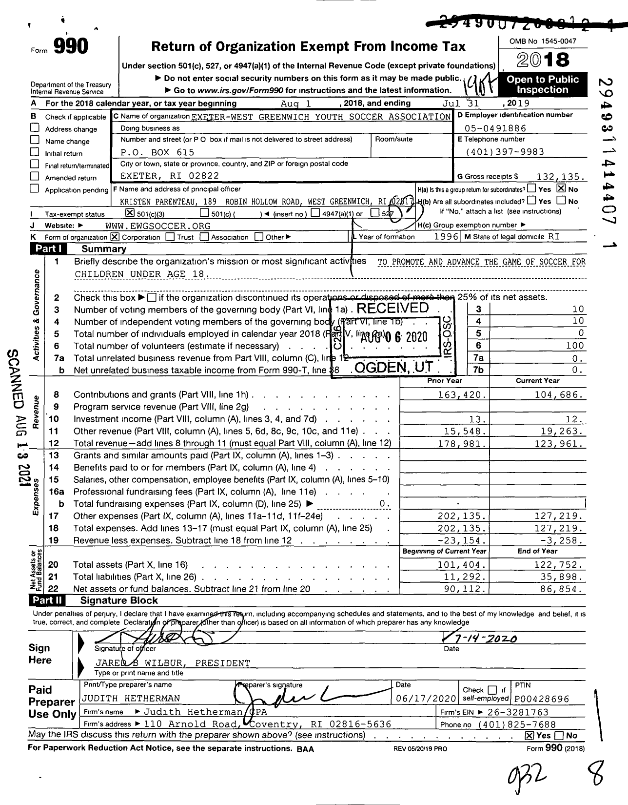 Image of first page of 2018 Form 990 for Exeter-West Greenwich Youth Soccer Association