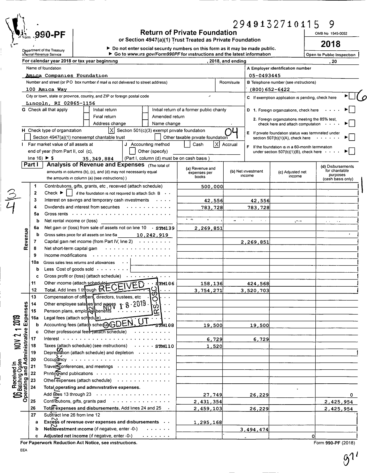 Image of first page of 2018 Form 990PF for Amica Companies Foundation
