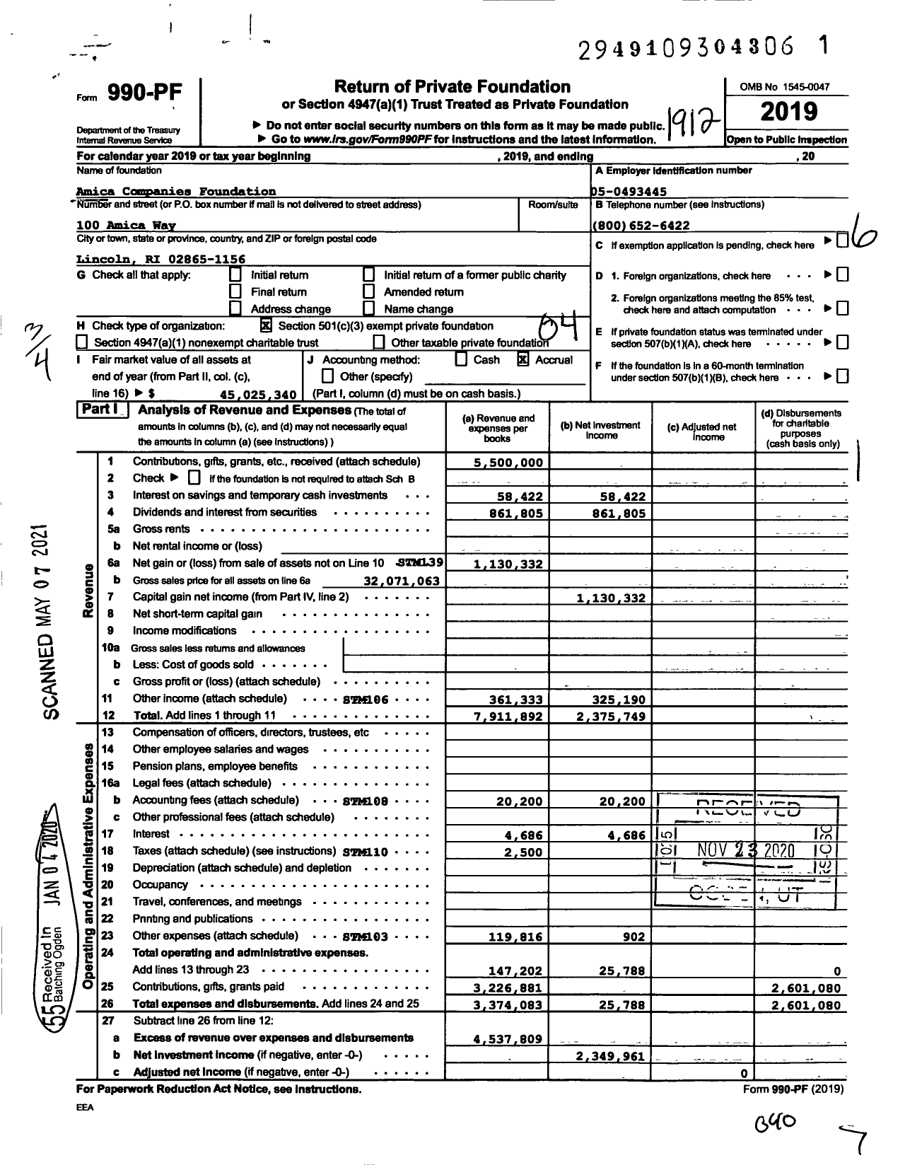 Image of first page of 2019 Form 990PF for Amica Companies Foundation