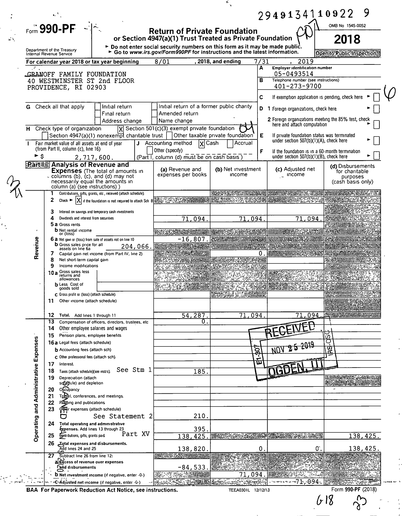 Image of first page of 2018 Form 990PF for Granoff Family Foundation