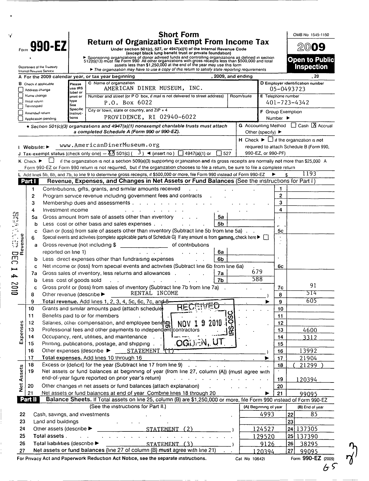 Image of first page of 2009 Form 990EZ for American Diner Heritage