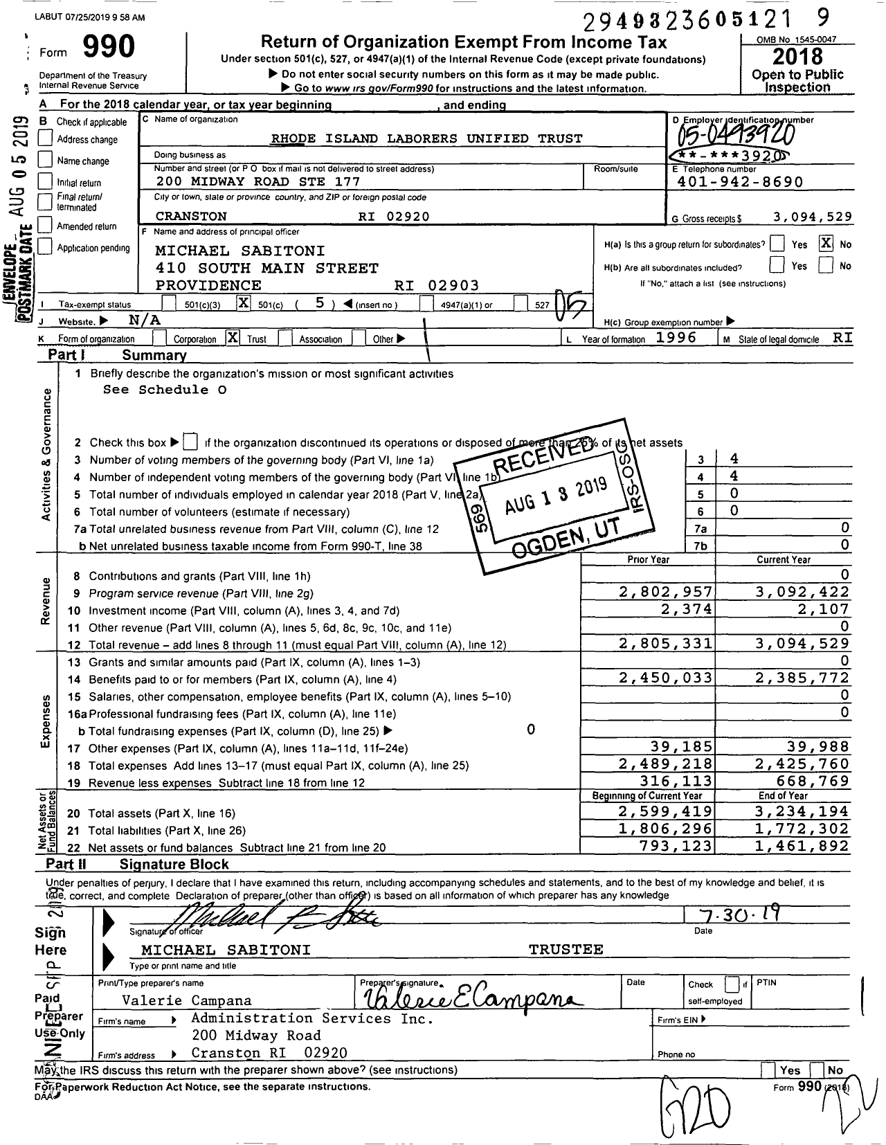 Image of first page of 2018 Form 990O for Rhode Island Laborers Unified Trust