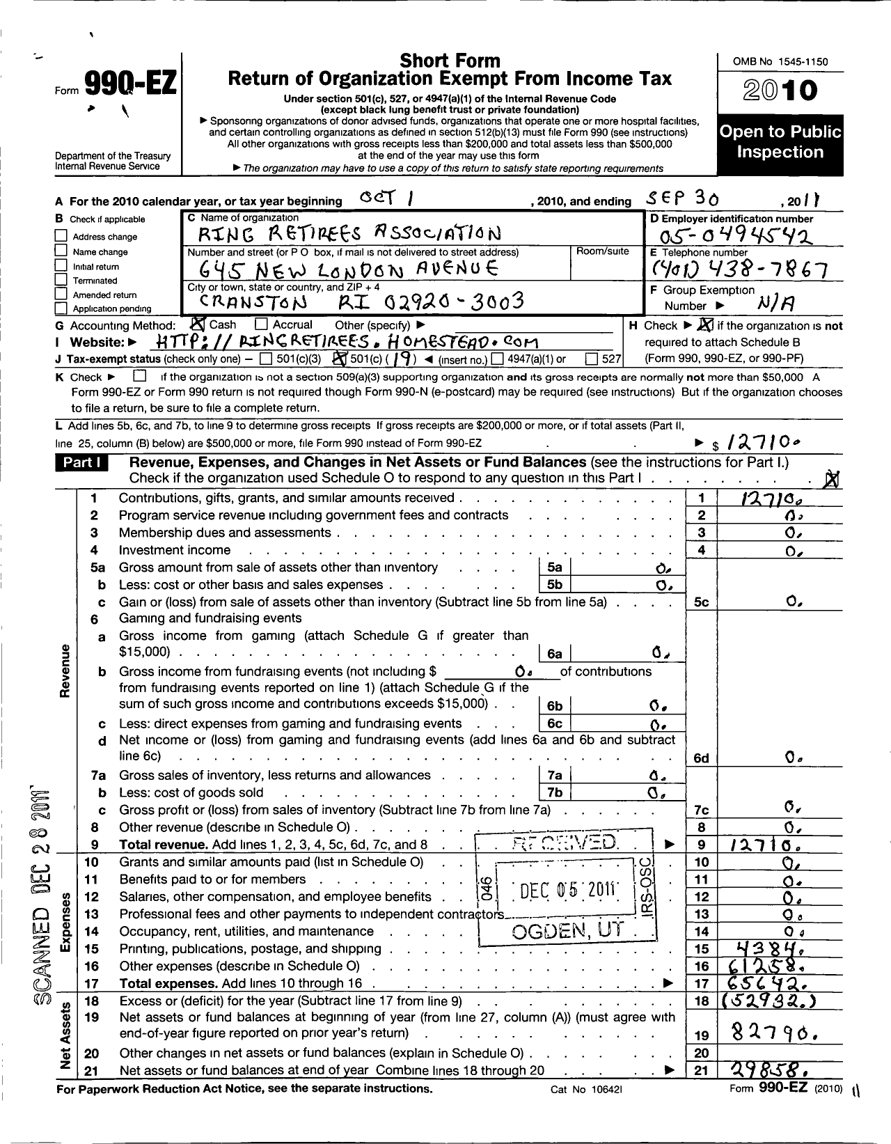 Image of first page of 2010 Form 990EO for Ring Retirees Association