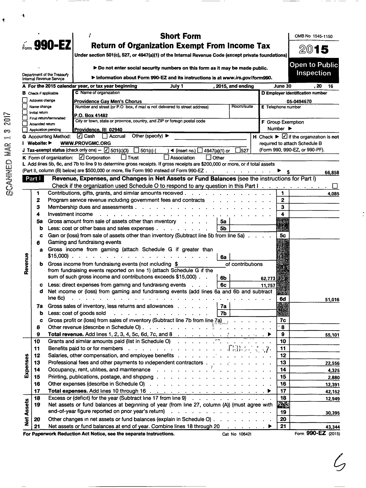 Image of first page of 2015 Form 990EZ for Providence Gay Mens Chorus