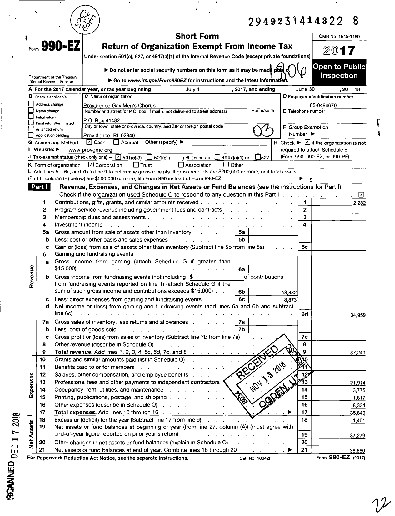 Image of first page of 2017 Form 990EZ for Providence Gay Mens Chorus