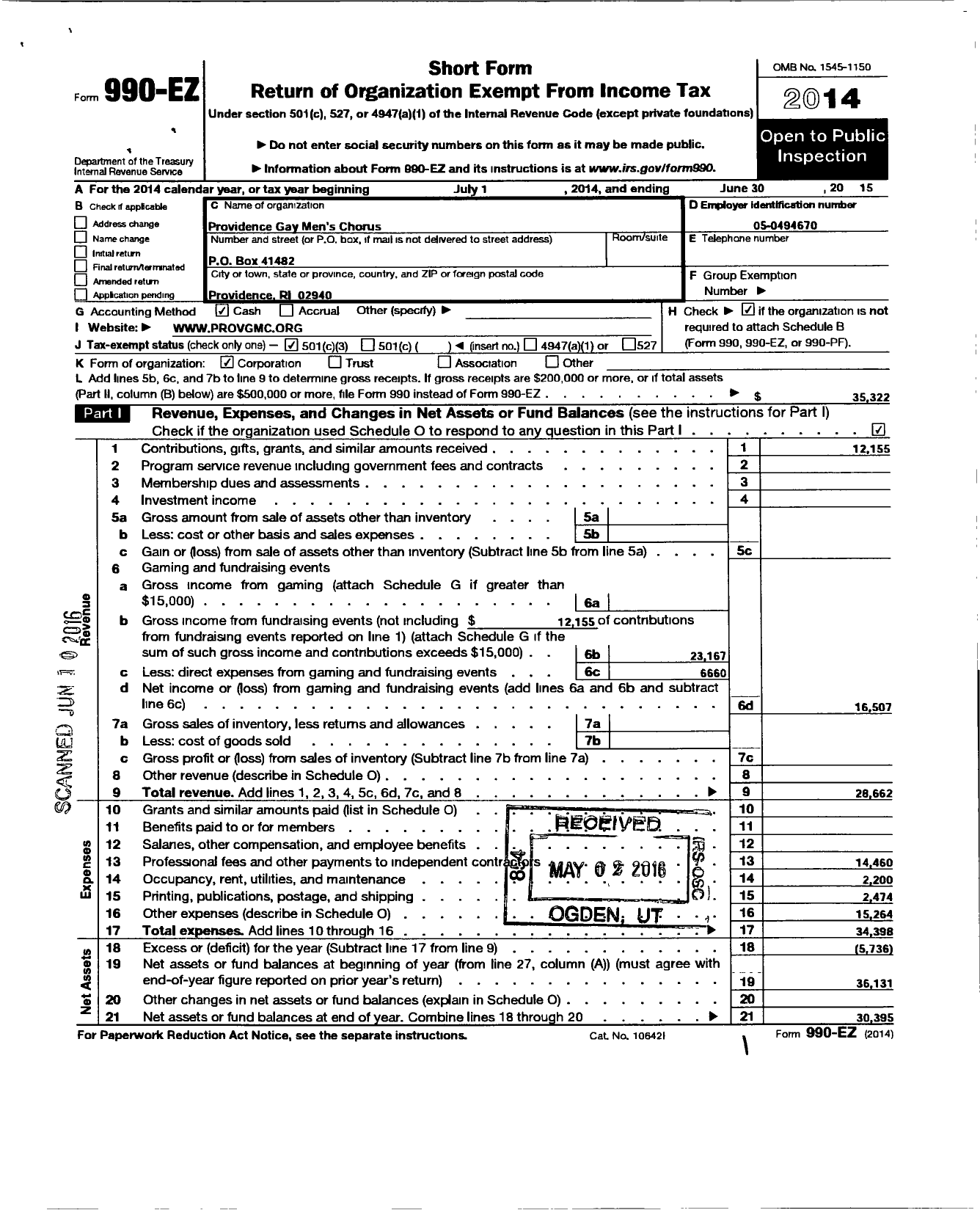 Image of first page of 2014 Form 990EZ for Providence Gay Mens Chorus