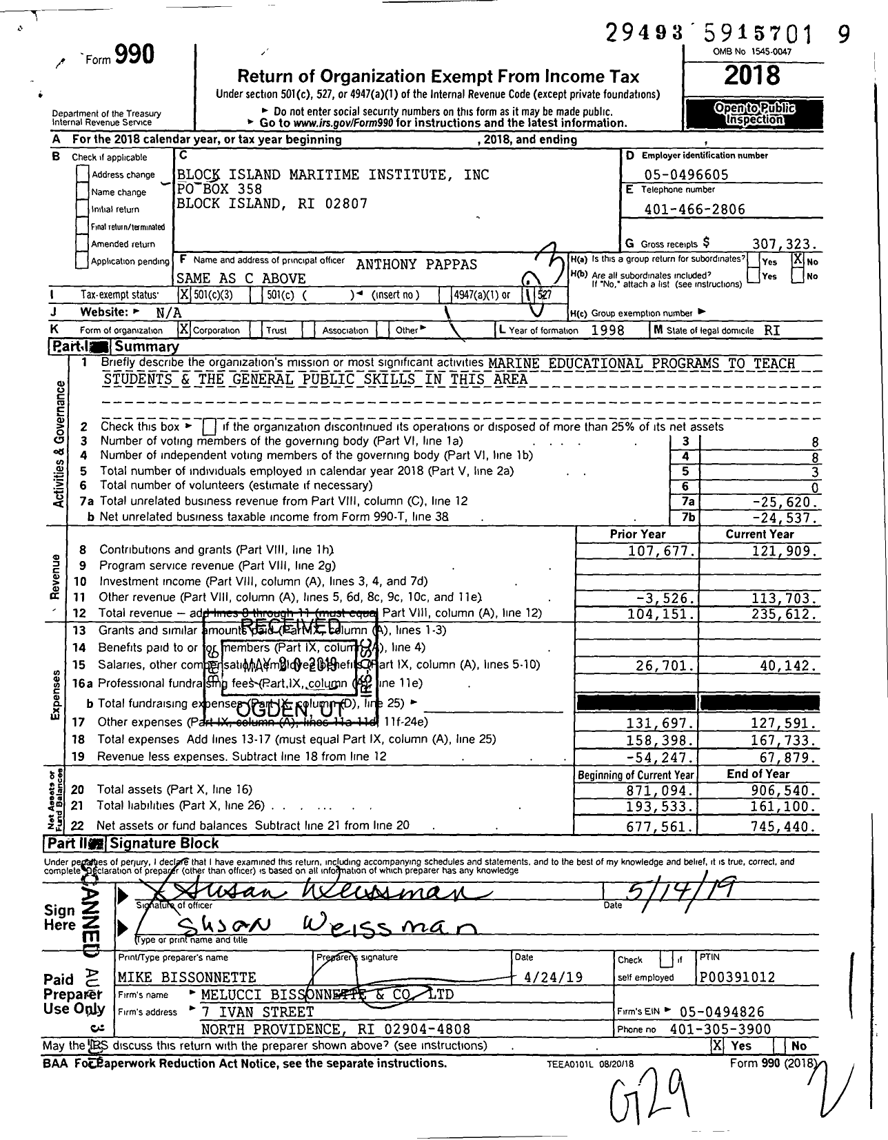 Image of first page of 2018 Form 990 for Block Island Maritime Institute