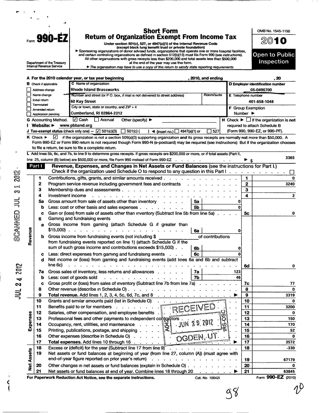 Image of first page of 2010 Form 990EZ for Rhode Island Brassworks