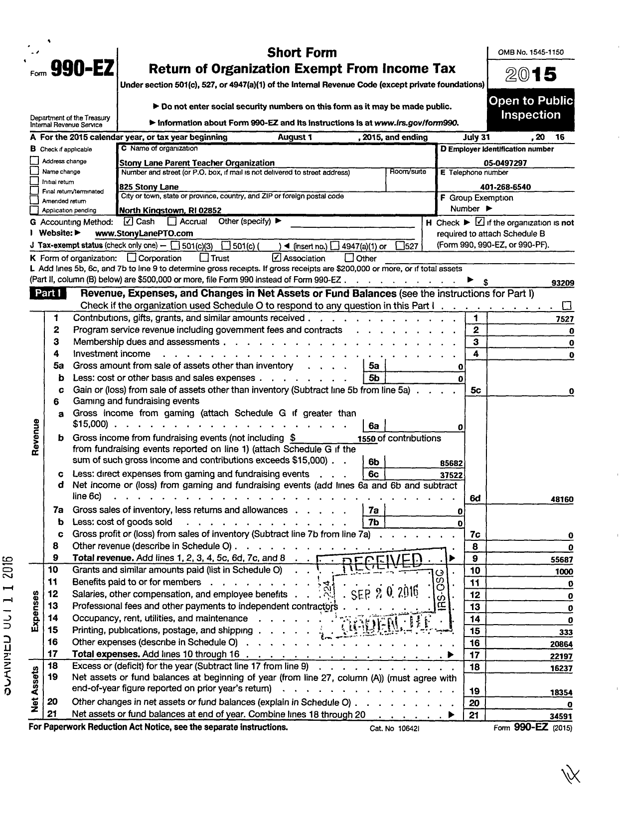 Image of first page of 2015 Form 990EZ for Stony Lane Parent-Teacher Organization