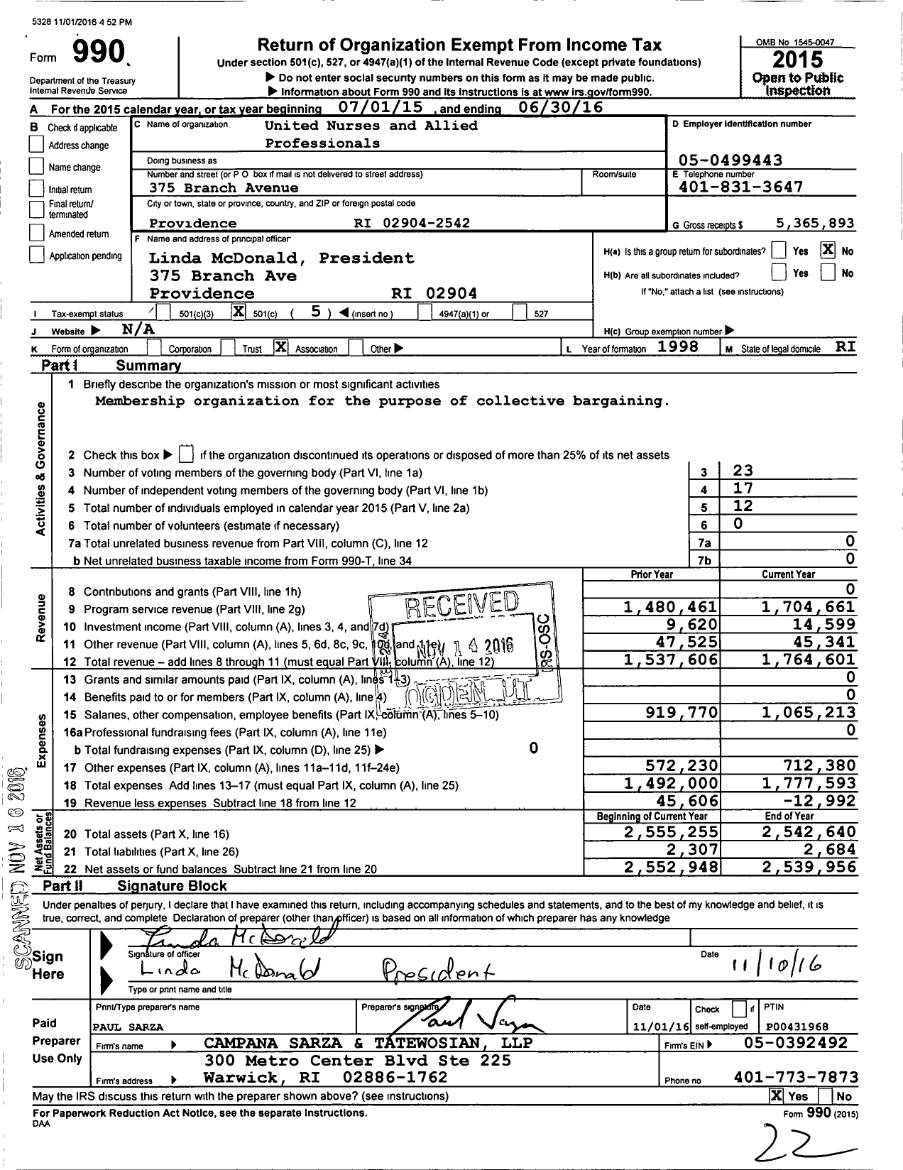 Image of first page of 2015 Form 990O for United Nurses and Allied Professionals