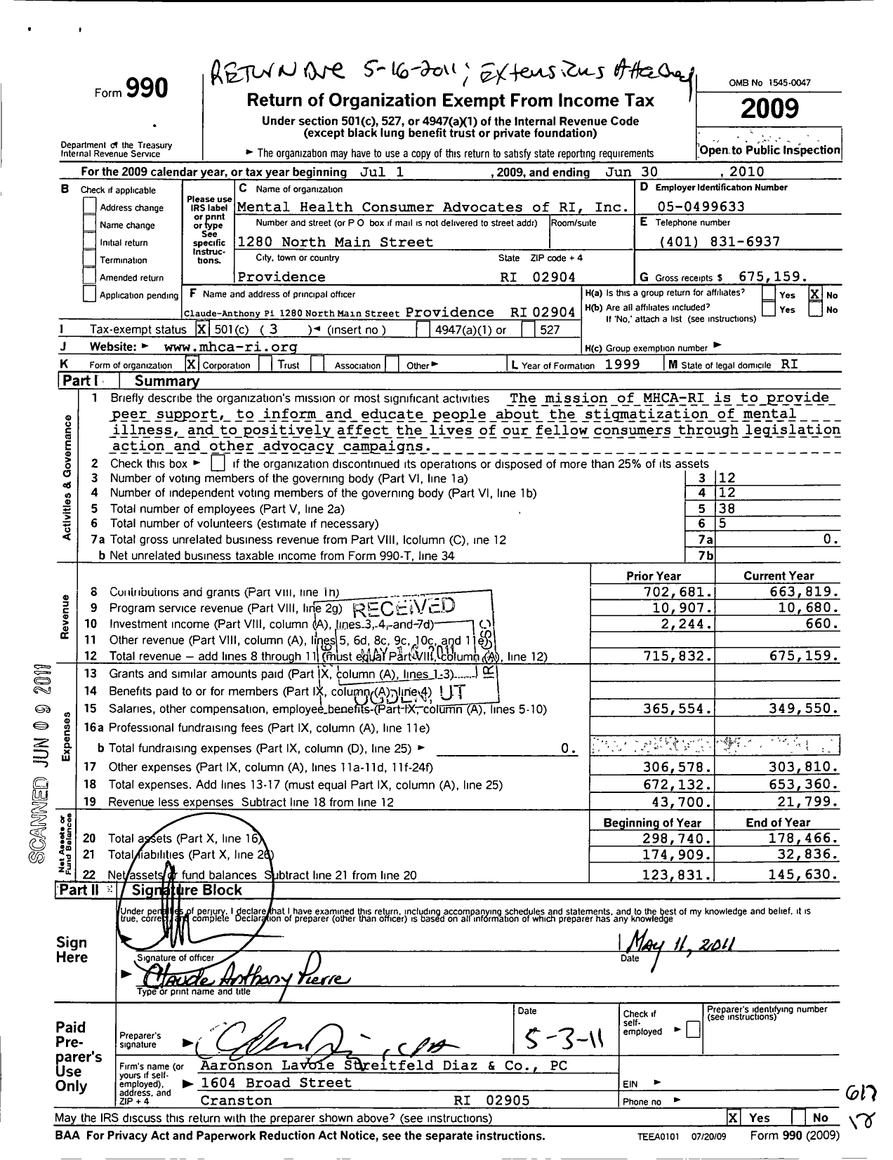 Image of first page of 2009 Form 990 for Mental Health Consumer Advocates of Rhode Island