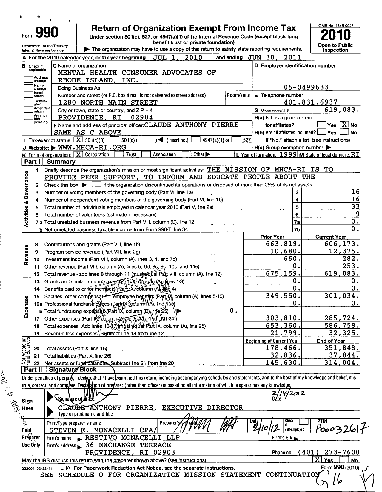 Image of first page of 2010 Form 990 for Mental Health Consumer Advocates of Rhode Island