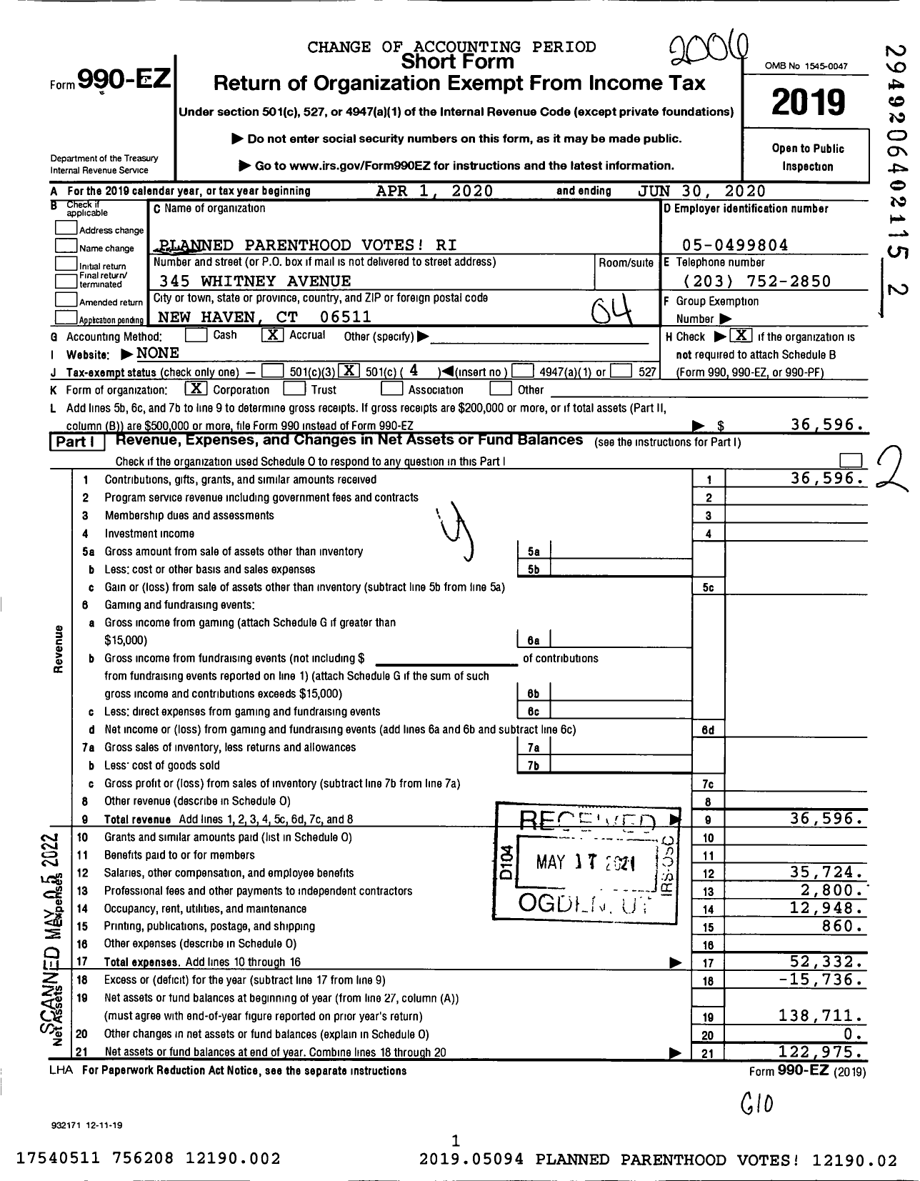 Image of first page of 2019 Form 990EO for Planned Parenthood Votes Ri