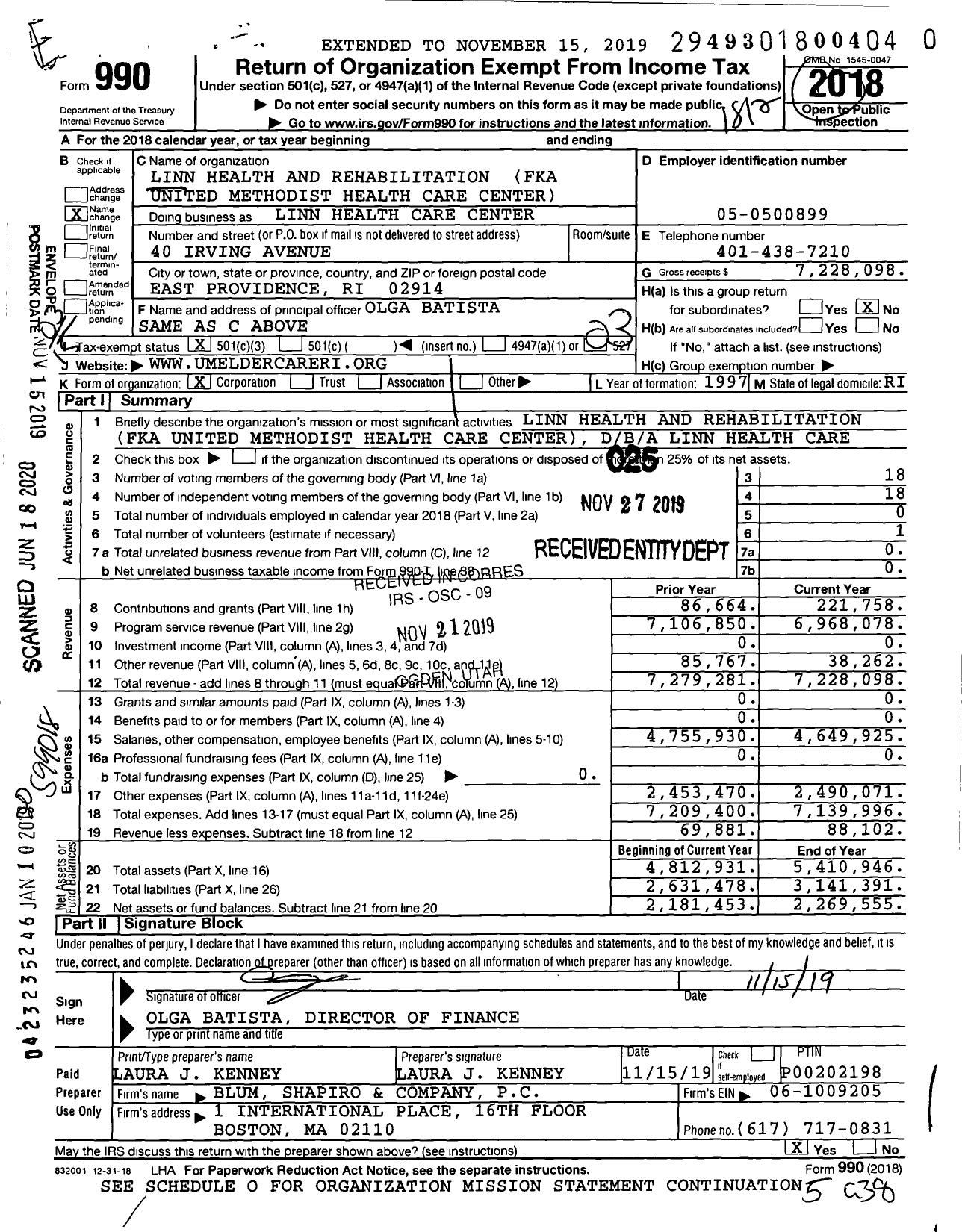 Image of first page of 2018 Form 990 for Linn Health Care Center