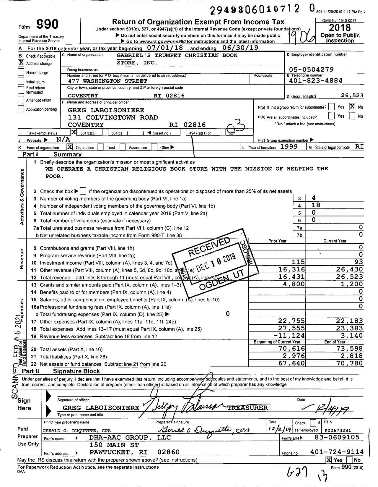 Image of first page of 2018 Form 990 for Gabriel's Trumpet Christian Book Store