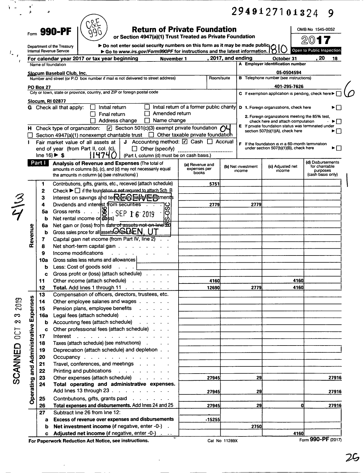 Image of first page of 2017 Form 990PF for Slocum Baseball Club