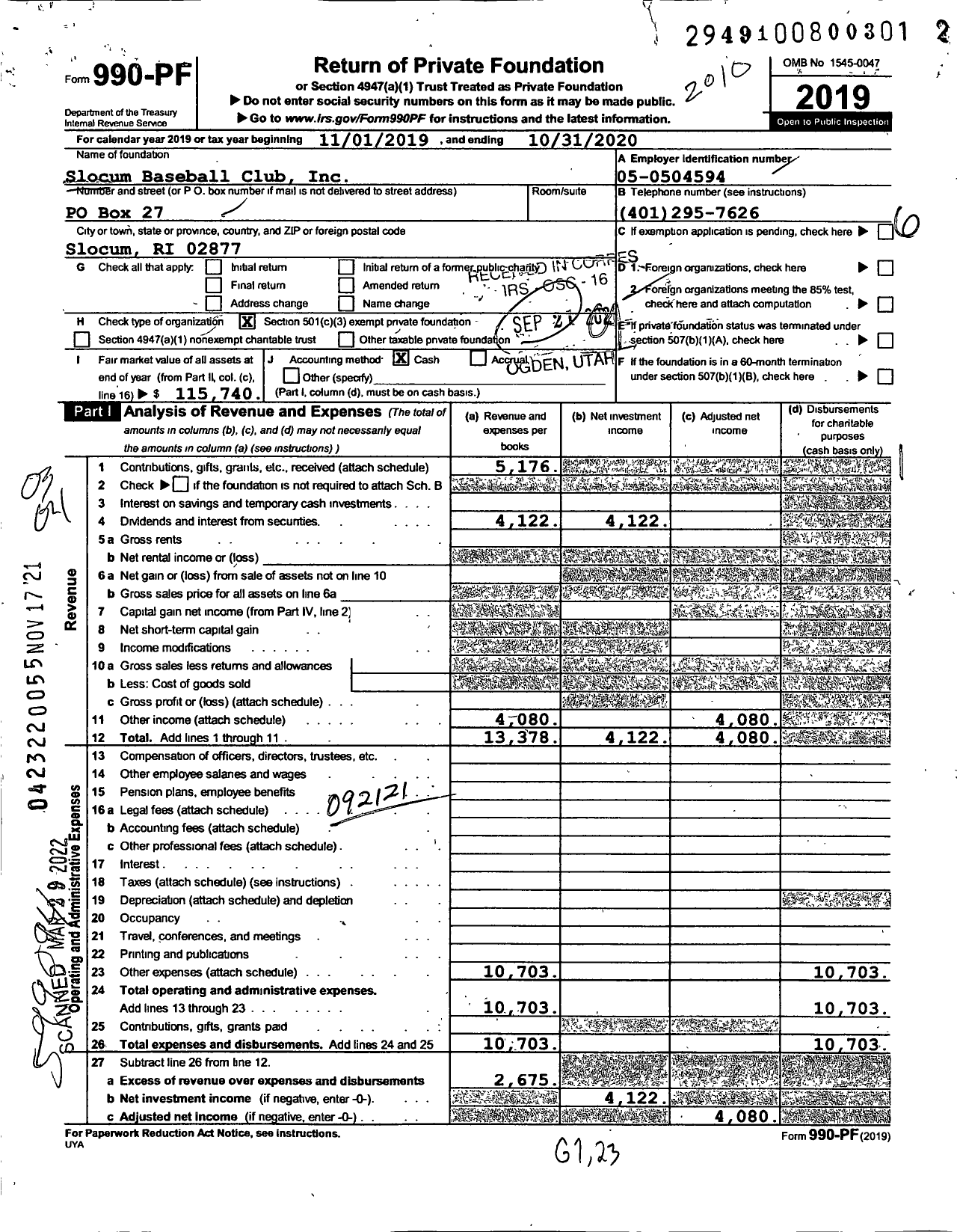 Image of first page of 2019 Form 990PF for Slocum Baseball Club