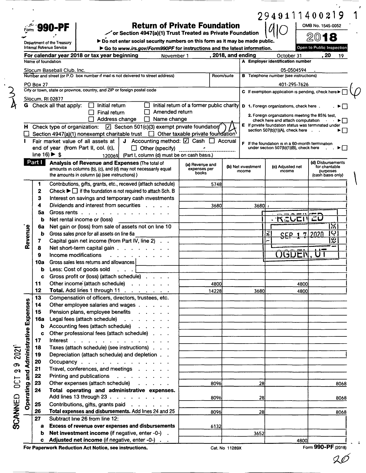 Image of first page of 2018 Form 990PF for Slocum Baseball Club