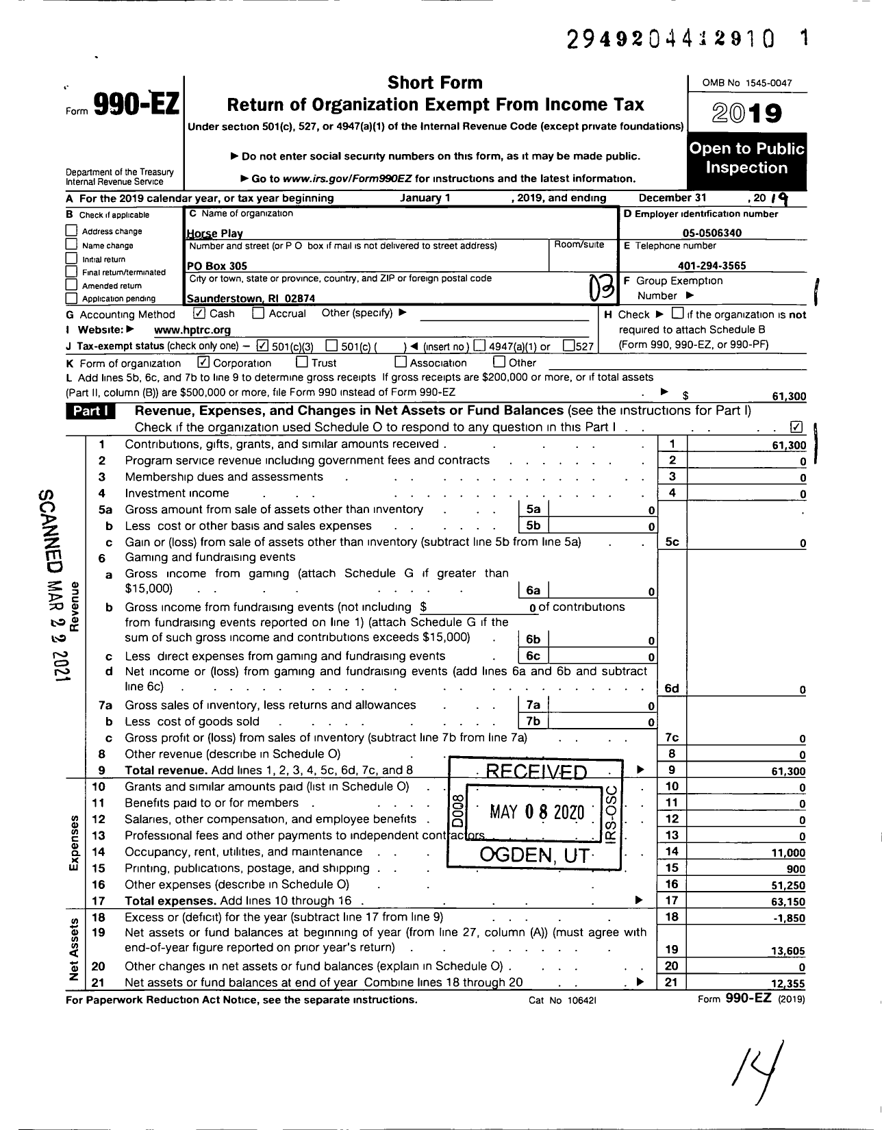 Image of first page of 2019 Form 990EZ for Horse Play